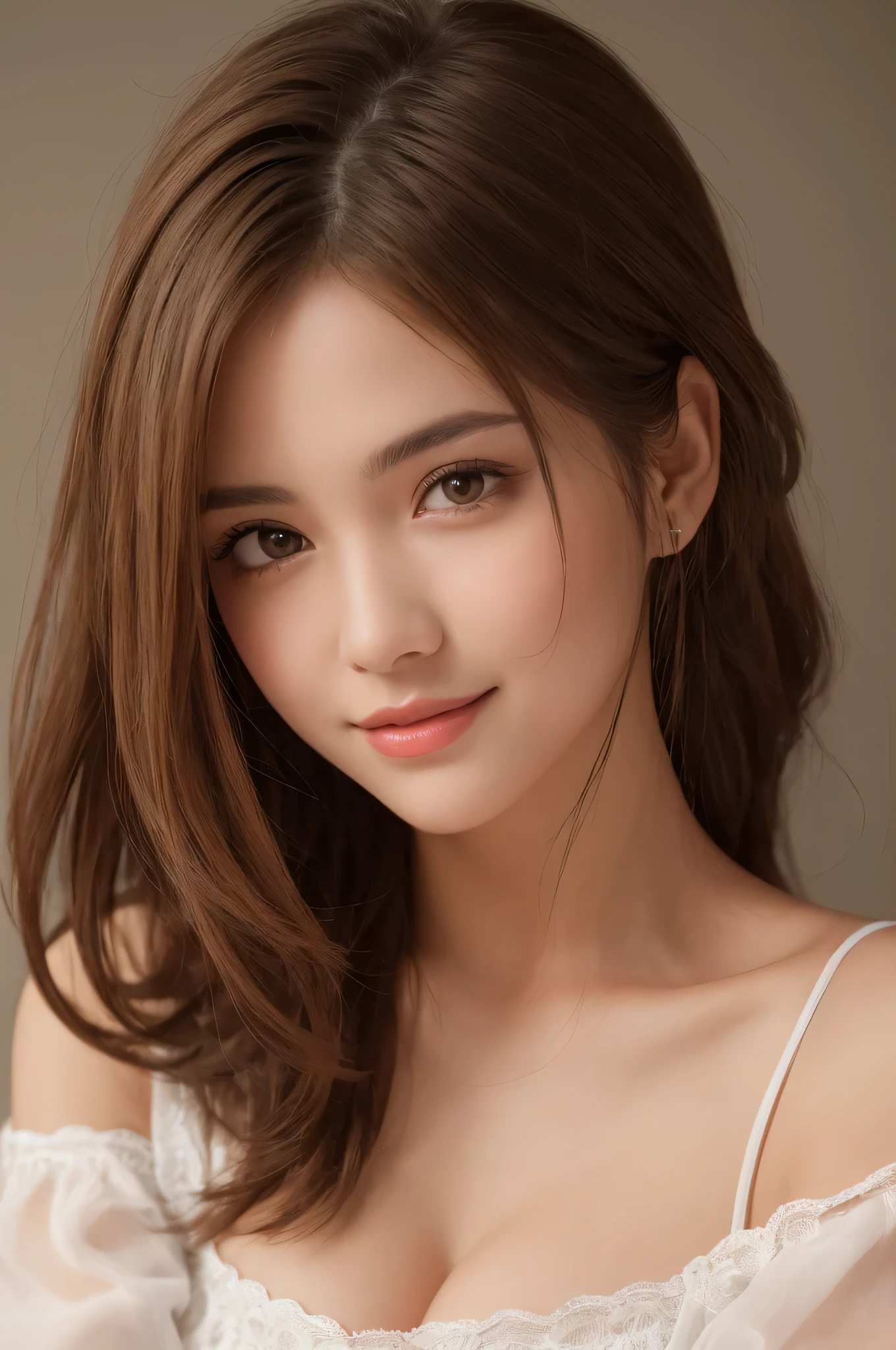 1 girl, very cute, wonderful face and eyes, (Highly detailed beautiful face), (Ultra realistic), (highly detailed eyes, highly detailed hair, highly detailed face, Highly detailed plump lips), (off shoulder), (cleavage), Beautiful chest, chest, Upper body, looking for a smile, (highest quality:1.4), RAW photo, (realistic, photo-realistic:1.37), professional photography, cinematic light,