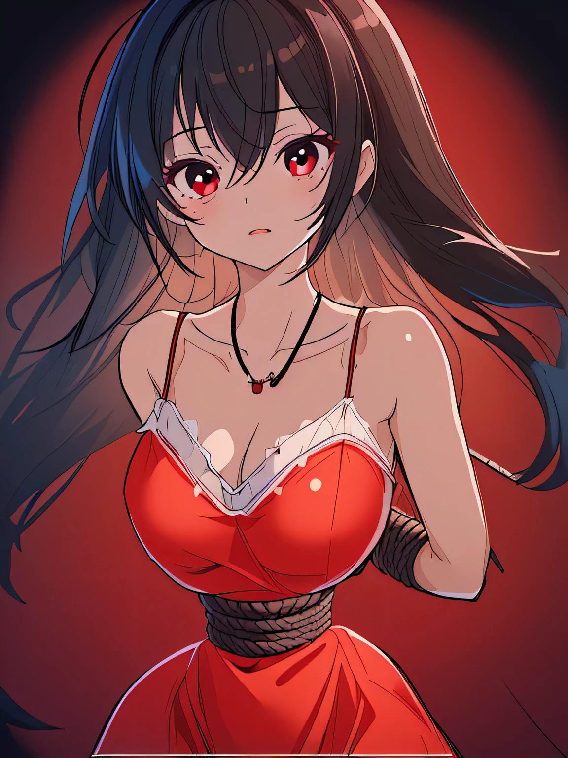 ((masterpiece)), ((highest quality)), (super detailed), torture chamber,(((Waist bound tightly with rope))),pretty girl, 1 girl, alone,dark red tank top dress,beautiful black hair, (beautiful black eyes), long hair, expression of agony