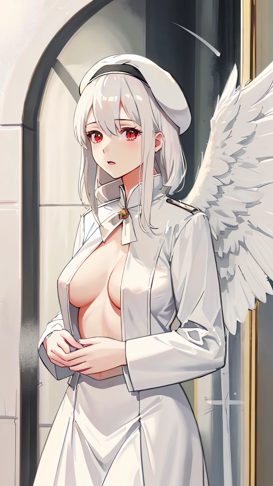 White hair, French baret, nun, exposed breasts, medium sized breast, 19 years old, prays, Christian cross shaped bra, close portrait, cute anime girl, red eyes, white angel wings, praying, exposed hips, white skirt,