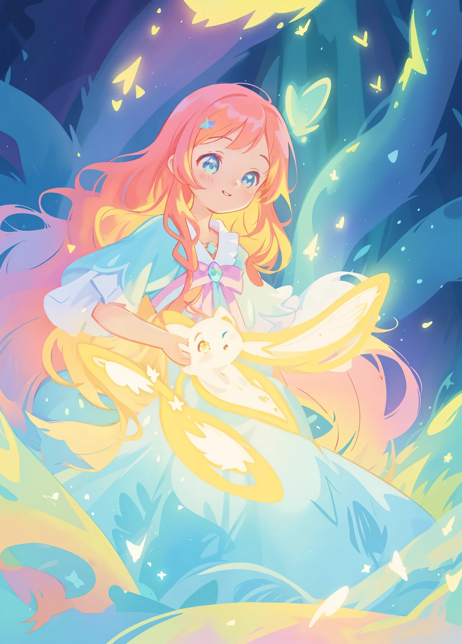 beautiful girl, puffy tiered layered ballgown, magical forest, vibrant pastel colors, (colorful), glowing golden long hair, magical lights, sparkling magical liquid, inspired by Glen Keane, inspired by Lois van Baarle, disney art style, by Lois van Baarle, glowing aura around her, by Glen Keane, jen bartel, glowing lights! digital painting, flowing glowing hair, glowing flowing hair, beautiful digital illustration, fantasia background, whimsical, magical, fantasy, ((beautiful face)), ((masterpiece, best quality)), intricate details, highly detailed, sharp focus, 8k resolution, sparkling detailed eyes, liquid watercolor