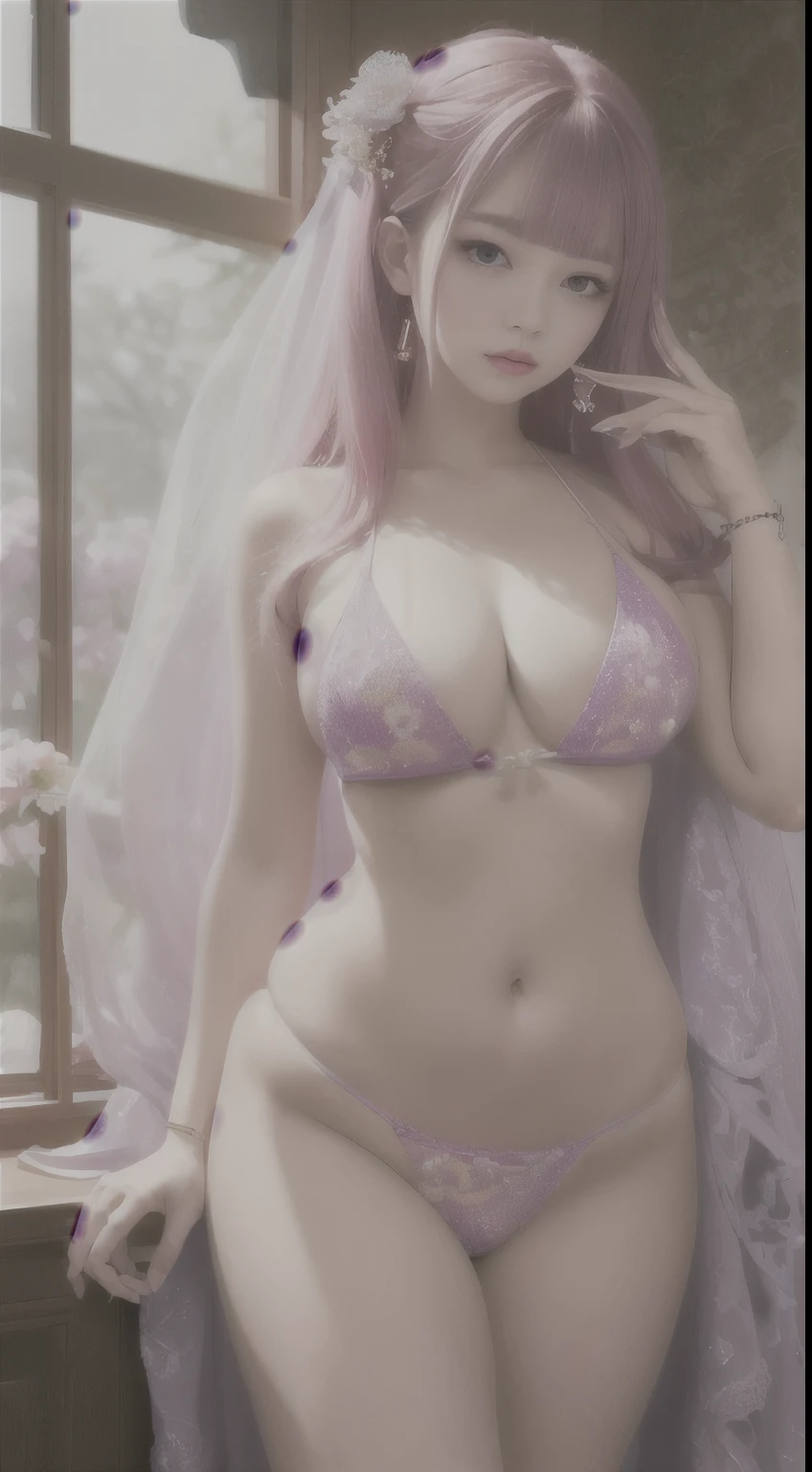 In this exquisite masterpiece, we are presented with a stunning depiction of a 1girl who embodies the essence of an ulzzang kpop idol. With every intricate detail meticulously portrayed, this artwork showcases the impeccable quality that is expected from the finest paintings. The focus is immediately drawn to the mesmerizing figure of Yae Miko, adorned in a captivating bikini that perfectly accentuates her enchanting beauty. Her pink hair cascades down her back in luscious waves, adorned with a delicate hair ornament that adds an ethereal touch to her appearance. The vibrancy of her purple eyes is enhanced by the carefully crafted makeup, and exquisite earrings delicately frame her alluring face. The artist skillfully captures the allure of her curvaceous figure