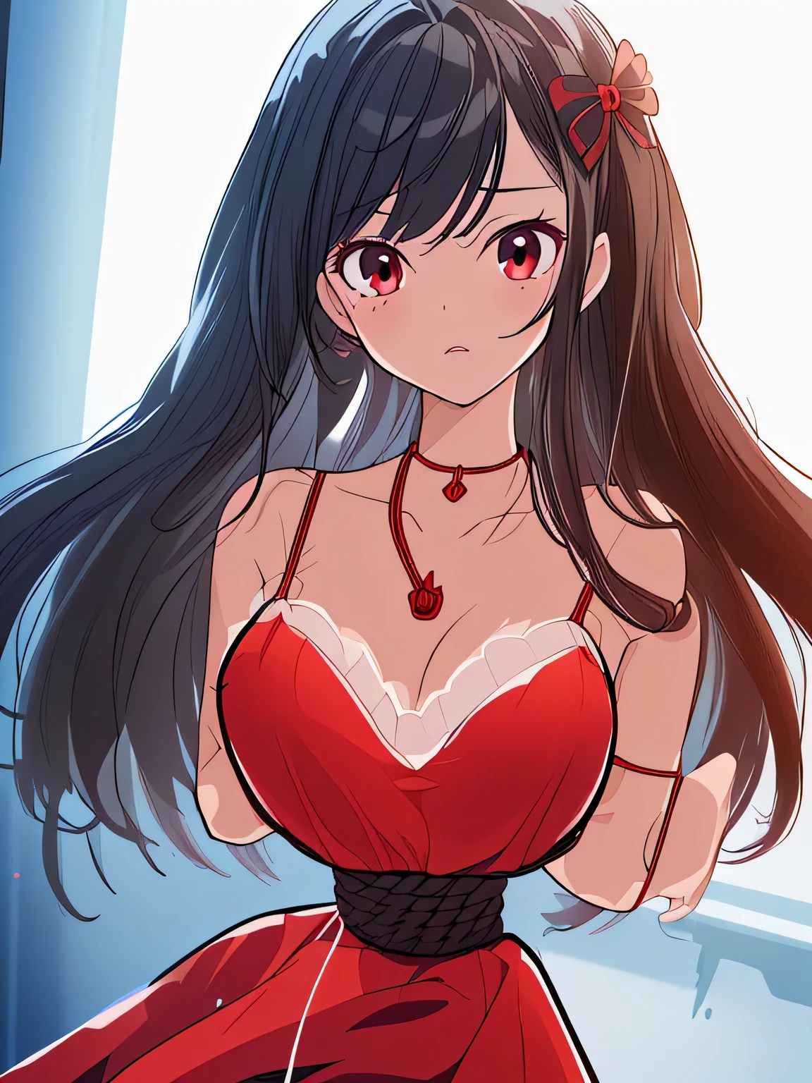 ((masterpiece)), ((highest quality)), (super detailed), torture chamber,(((Waist bound tightly with rope))),pretty girl, 1 girl, alone,dark red tank top dress,beautiful black hair, (beautiful black eyes), long hair, expression of agony