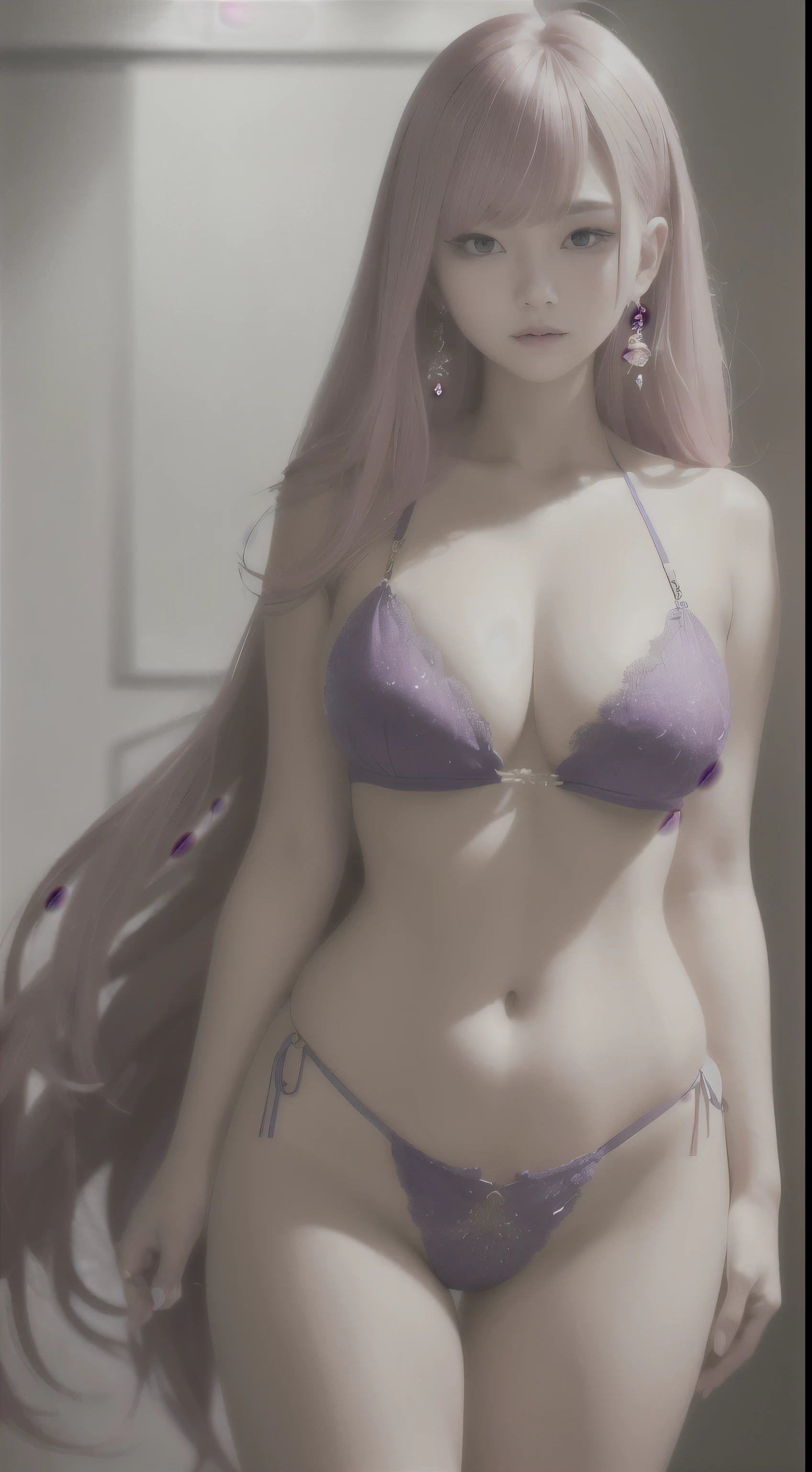 In this exquisite masterpiece, we are presented with a stunning depiction of a 1girl who embodies the essence of an ulzzang kpop idol. With every intricate detail meticulously portrayed, this artwork showcases the impeccable quality that is expected from the finest paintings. The focus is immediately drawn to the mesmerizing figure of Yae Miko, adorned in a captivating bikini that perfectly accentuates her enchanting beauty. Her pink hair cascades down her back in luscious waves, adorned with a delicate hair ornament that adds an ethereal touch to her appearance. The vibrancy of her purple eyes is enhanced by the carefully crafted makeup, and exquisite earrings delicately frame her alluring face. The artist skillfully captures the allure of her curvaceous figure