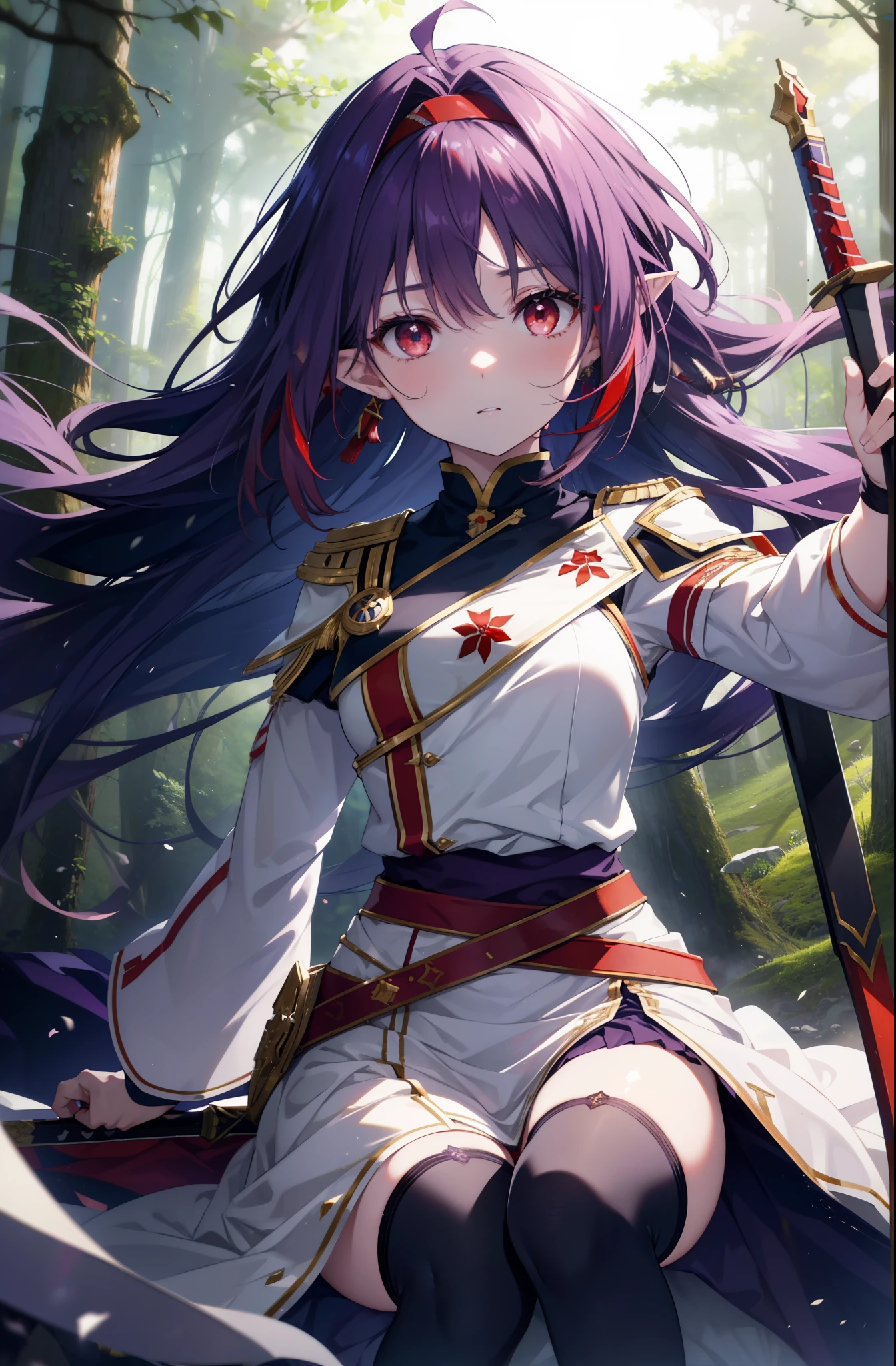 yuukikonno, Yuki Konno, hair band, long hair, pointy ears, purple hair,Ahoge, (red eyes:1.5), (small breasts:1.2), serious face,Grip the hilt of a sword with your left hand,
break white Thighhighs, removed sleeve, Thighhighs, dress, white dress, armor breastplate, purple armor,
break looking at viewer, Upper body, whole body,
break outdoors, forest, nature,
break (masterpiece:1.2), highest quality, High resolution, unity 8k wallpaper, (shape:0.8), (fine and beautiful eyes:1.6), highly detailed face, perfect lighting, Very detailed CG, (perfect hands, perfect anatomy),