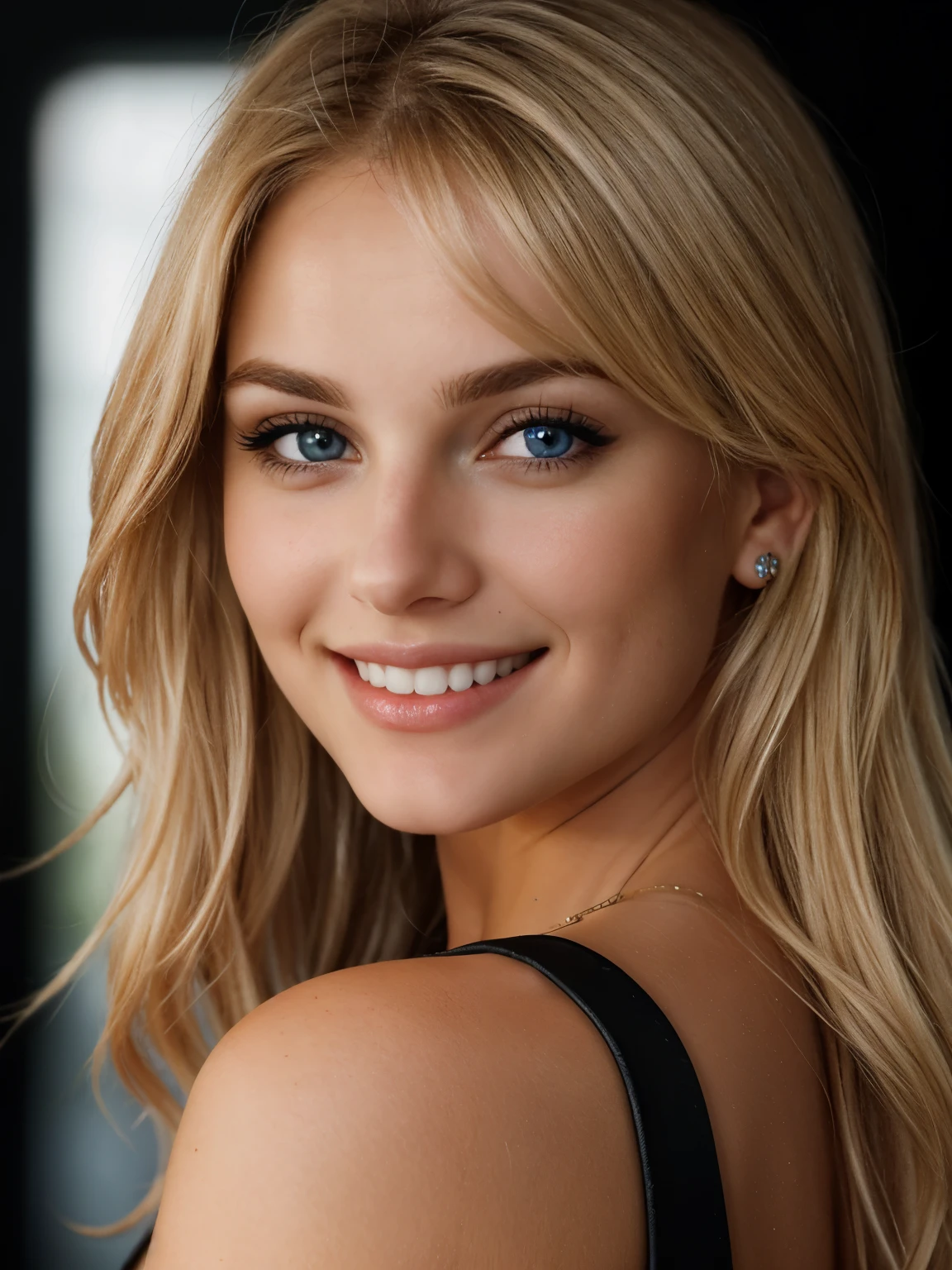 a closeup dark upper body shot photo of a blonde with perfect eyes, smile, dark background