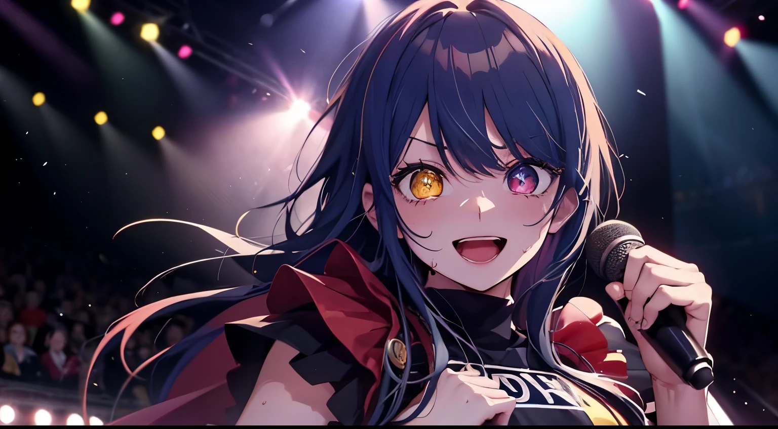 heterochromia、red eyes,yellow eyes、Idol singer singing with live music、Singing while sweating alone、Have fun with a smile、Hair color is blue hair、Proud Idol、slim figure、The background is the stage