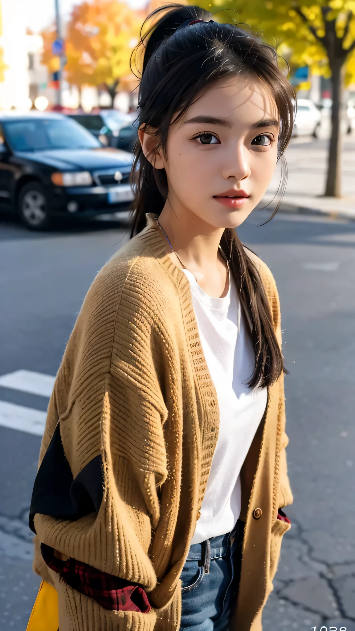 One woman,fully body photo,masutepiece, The highest image quality, High quality, the background is clear，Beautiful woman, Japanese, Detailed, Detailed eyes, Detailed skin, Beautiful skin, 超hight resolution, (reality: 1.4),Very beautiful woman, Slightly younger face, Beautiful skin, slender, (Ultra photo realsisim), (hight resolution), (8K), (Very detailed) (beautifully detailed eyes), (super detailed),   (Detailed face), view the viewer, Fine details, Detailed face, Staring straight ahead, Staring straight ahead, photos realistic, Bright lighting, Professional Lighting, Black hair,poneyTail,a baby face,sixteen years old,Hairstyle is ponytail,long ponytail hairstyle,slight smile,neat and tidy clothing,European Streets,Autumn Clothing,Plaid Clothing,