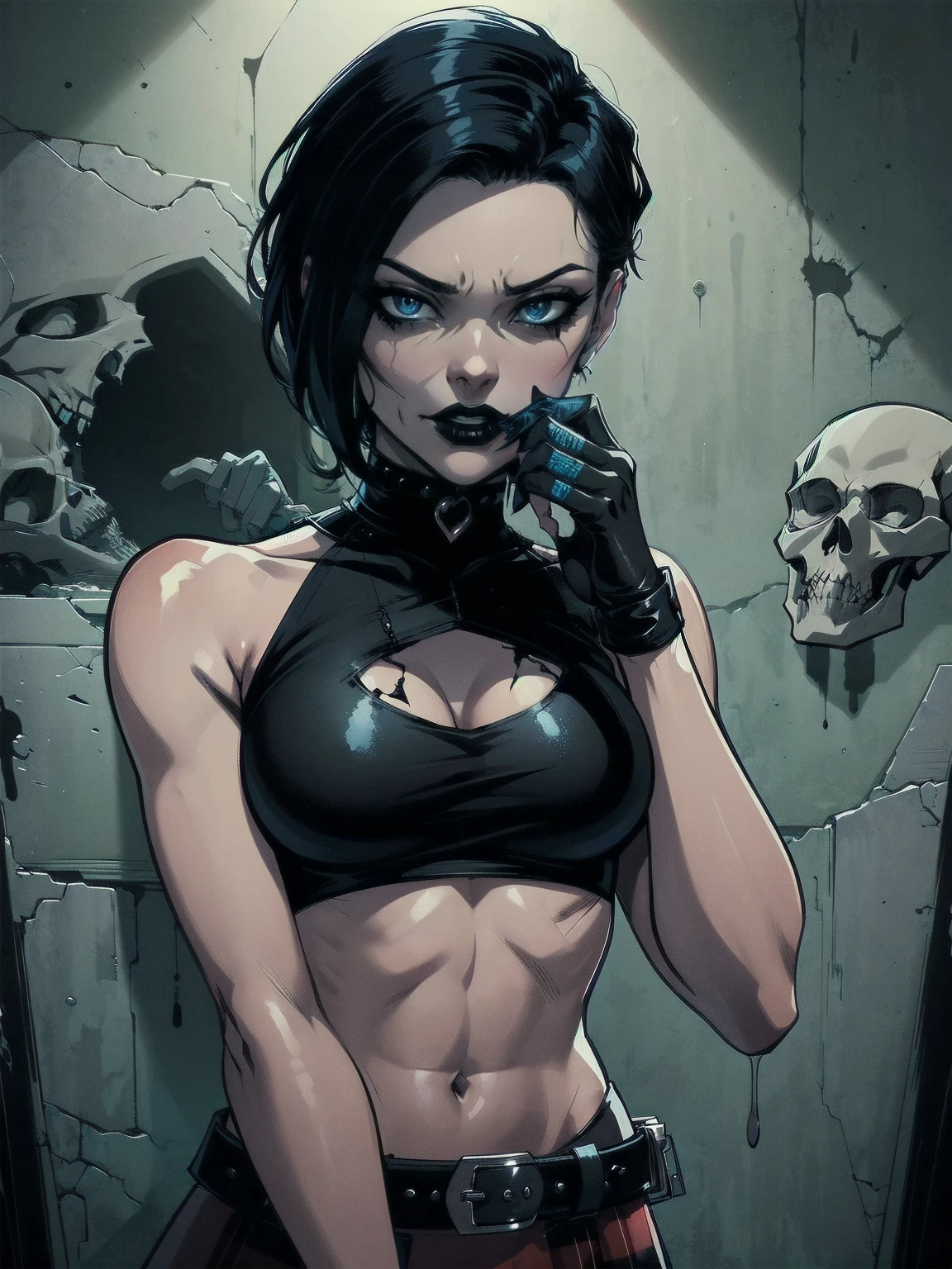 a woman with short black hair, hair on shoulders,  wearing a black cropped  and plaid skirt, blue eyes, zombie art, gothic art, cute aesthetic with vibe, toon aesthetic, wearing red costume, wearing gothic accessories, look like Cassie Hack, upper body, holding a skull in his hand, horror background