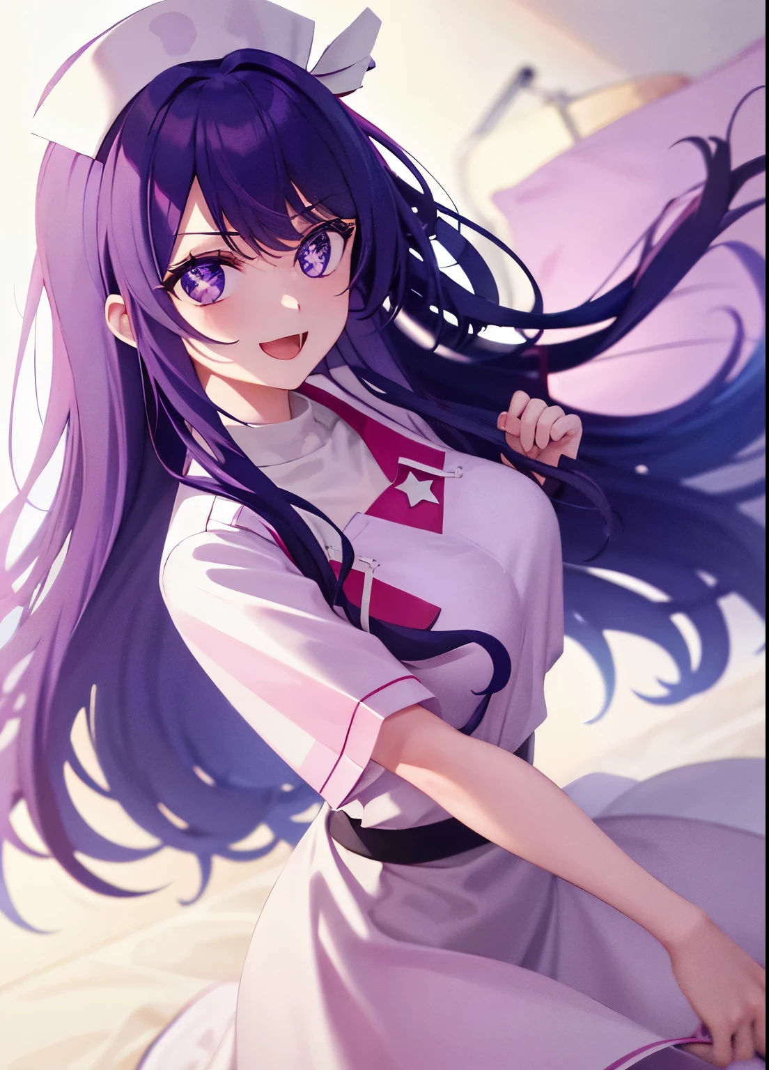 one-girl,nurses((There is a five-pointed star in the eye))Gorgeous Hair in Long Purple,Smile,Open mouth ,nurses,hospitals,White nurse clothes,White nurse hat,looki at viewer,Blood