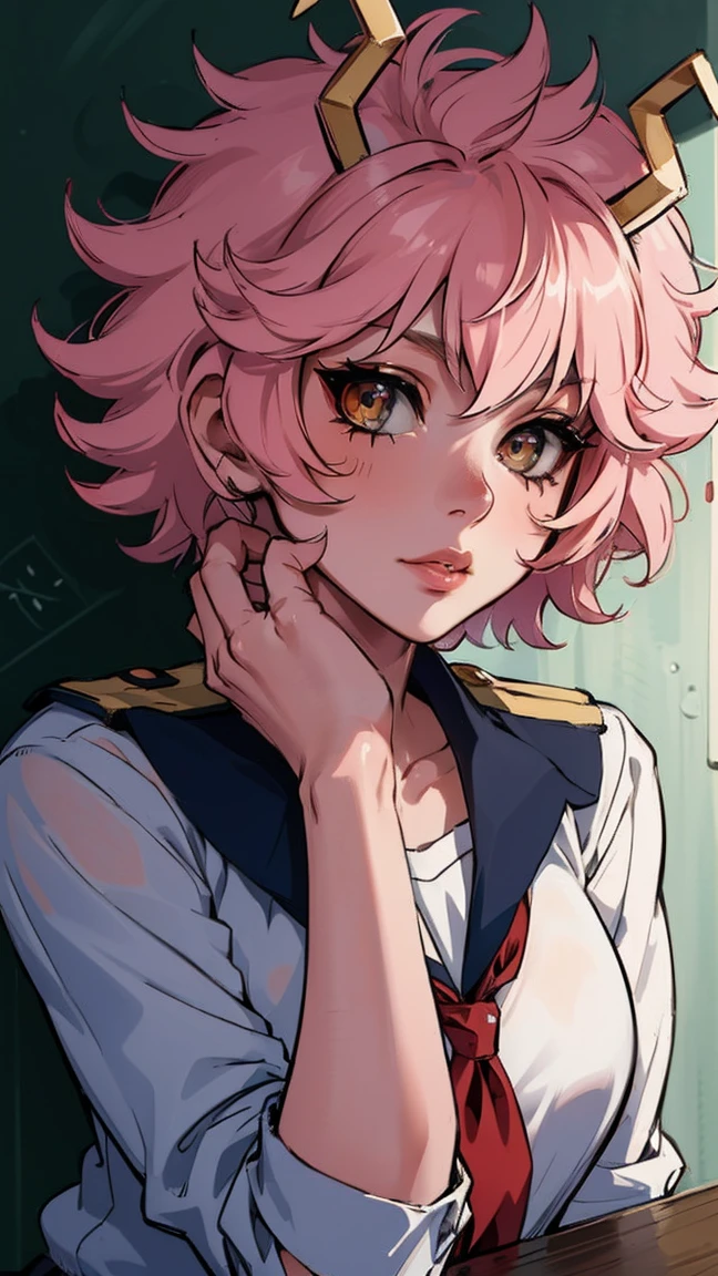 (best quality:1.3), (4k quality), 1 mature woman, Mina Ashido by boku no hero, school uniform, ((Detailed face)), (blush),