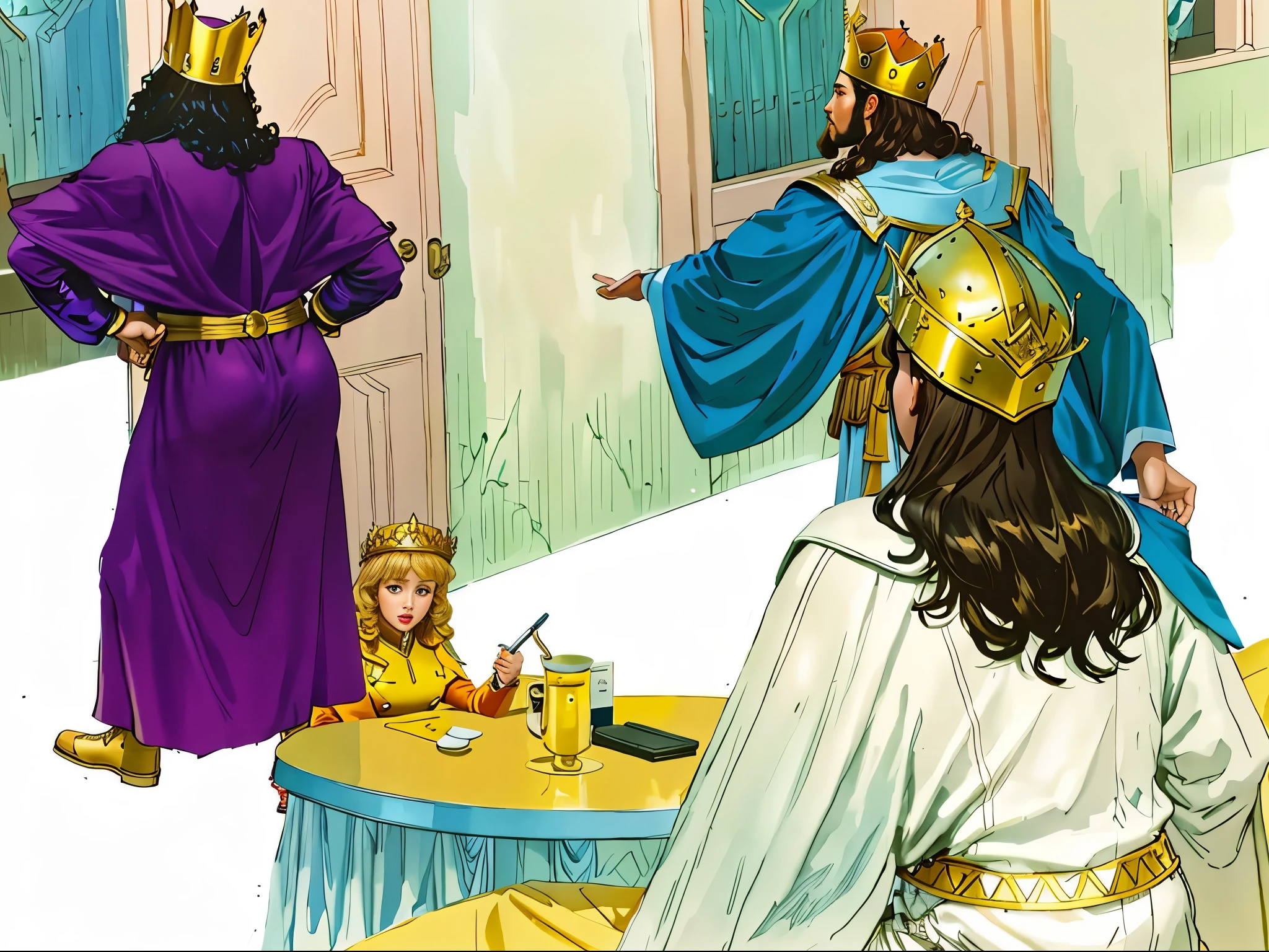There's a king walking out a door. There's a woman sitting at a table. There's a man standing. Biblical setting. biblical style. biblical costumes. Marvel comic book style.