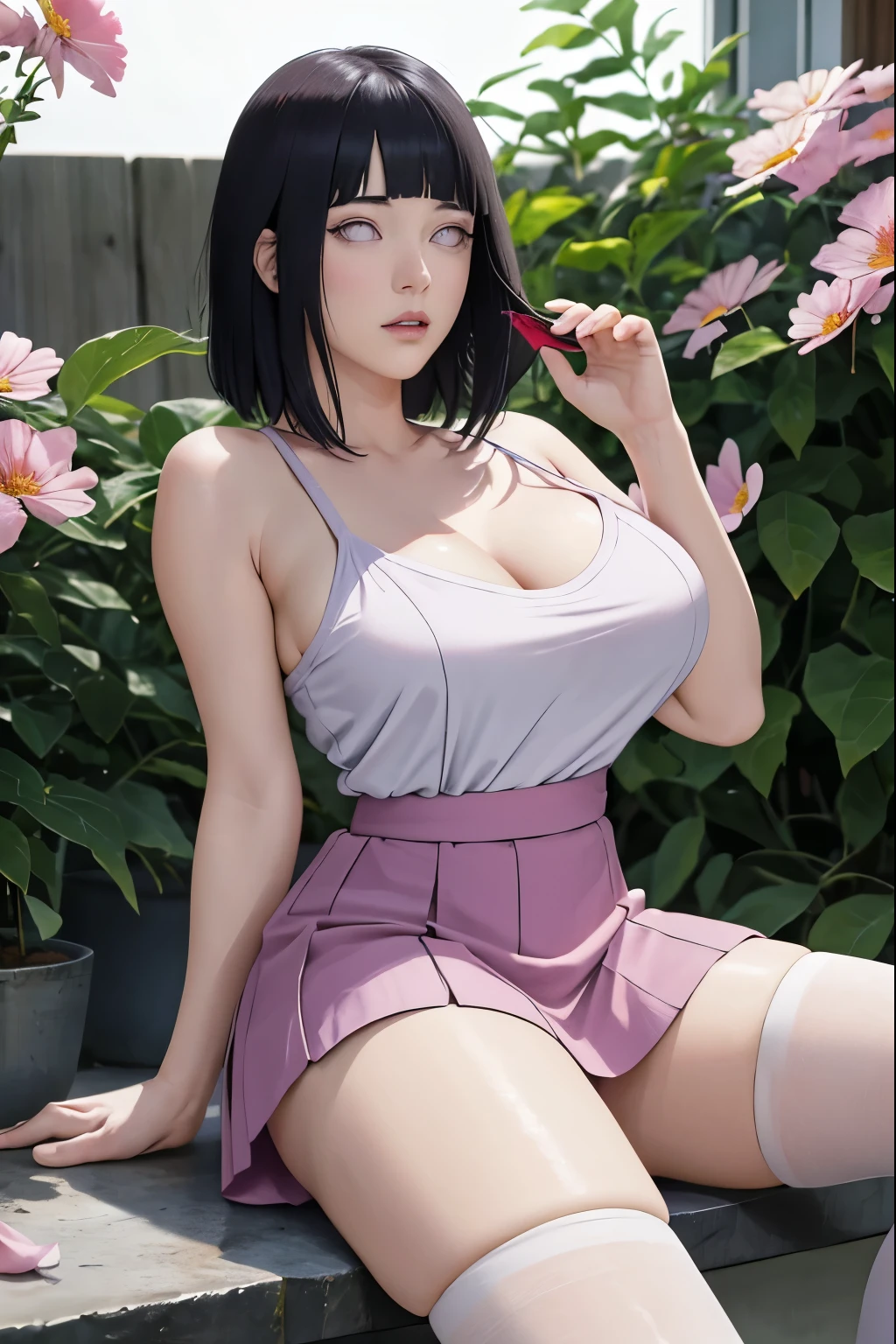 masterpiece, absurdres, hinata\(boruto\), 1girl, solo,mature female, spaghetti strap top, high waist short skirt, looking at viewer, (falling petals), perfect composition, detailed lips, big breast, beautiful face, body propotion, blush, (pink lips), long hair, purple eyes, soft gaze, super realistic, detailed, photoshoot, realistic face and body, thighhighs