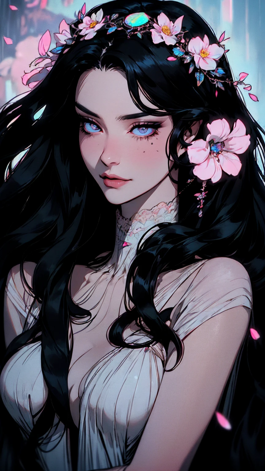 hyper-realistic  of a mysterious woman with flowing black hair, piercing opal eyes, and a delicate floral crown, delicate smile,  upper body