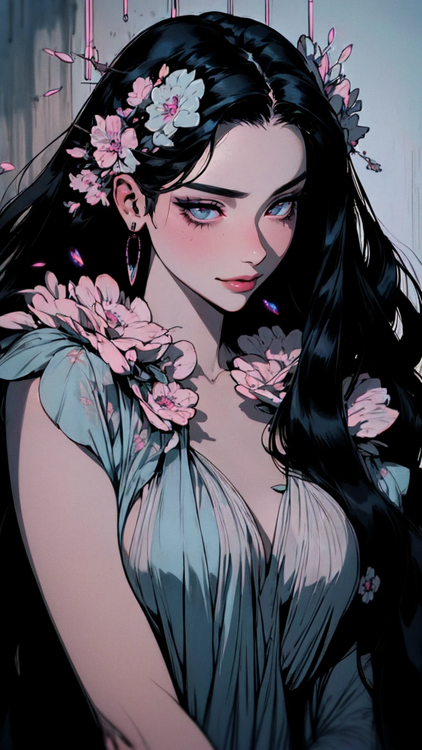 hyper-realistic of a mysterious woman with flowing black hair, piercing opal eyes, and a delicate floral crown, delicate smile, upper body