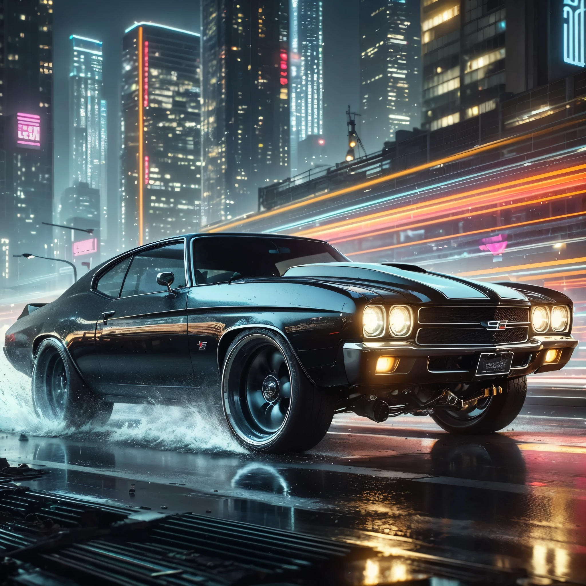 1970 ChevelleSS BLACK WHITE muscle car with modern modifications,very high speed, splashes and water droplets flying,parked,hood, (exotic headlightad-max, v8 engine, futuristic, spoiler, night, natural light, futuristic city, neon signs, (highly detailed), (highly detailed background), Around the wheels it looks clear, side view,multiple buildings in the background, detailed textures,SDXL with canon eos R3