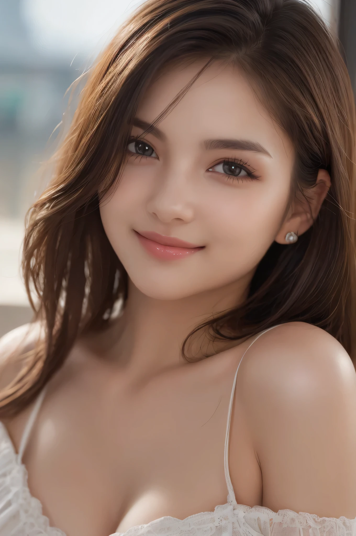 1 girl, very cute, wonderful face and eyes, (Highly detailed beautiful face), (Ultra realistic), (highly detailed eyes, highly detailed hair, highly detailed face, Highly detailed plump lips), (off shoulder), (cleavage), Beautiful chest, chest, Upper body, looking for a smile, (highest quality:1.4), RAW photo, (realistic, photo-realistic:1.37), professional photography, cinematic light,