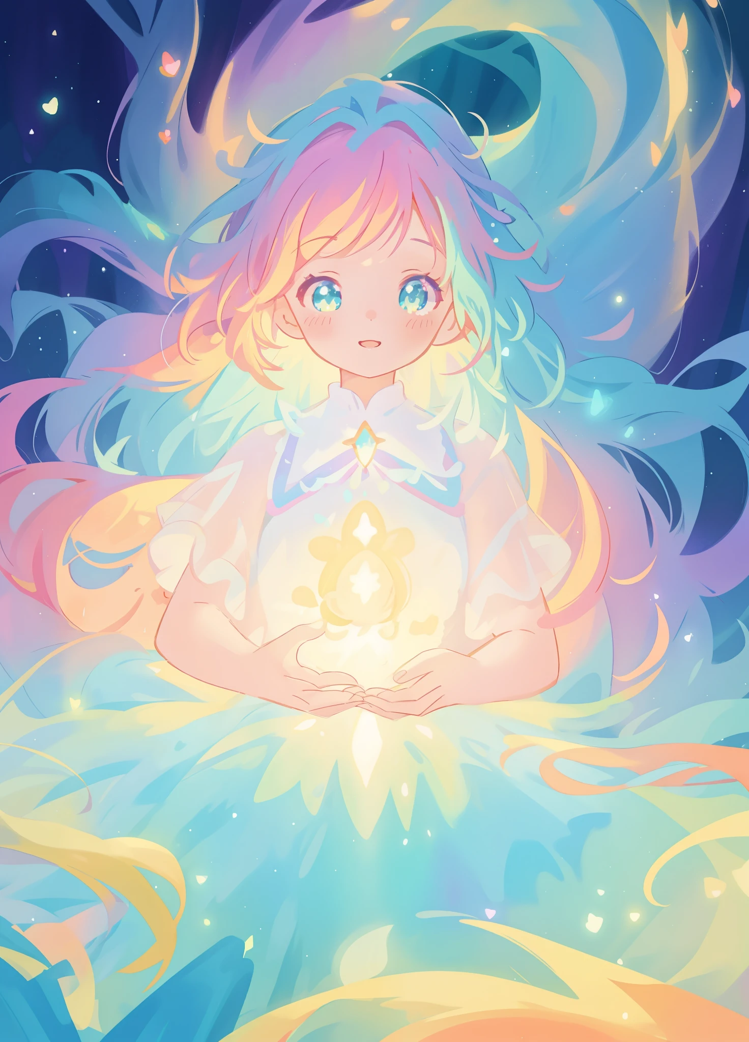 beautiful girl, puffy tiered layered ballgown, magical forest, vibrant pastel colors, (colorful), glowing golden long hair, magical lights, sparkling magical liquid, inspired by Glen Keane, inspired by Lois van Baarle, disney art style, by Lois van Baarle, glowing aura around her, by Glen Keane, jen bartel, glowing lights! digital painting, flowing glowing hair, glowing flowing hair, beautiful digital illustration, fantasia background, whimsical, magical, fantasy, ((beautiful face)), ((masterpiece, best quality)), intricate details, highly detailed, sharp focus, 8k resolution, sparkling detailed eyes, liquid watercolor