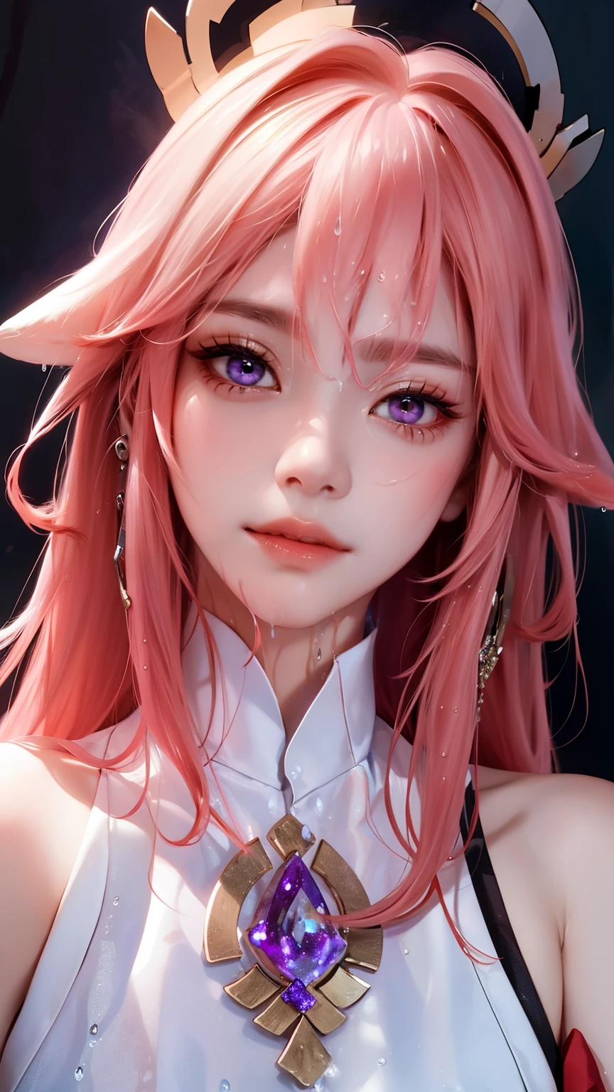 (((masterpiece))), (((portrait))), pink hair,long hair,headgear,purple eyes, diffuse light, Dynamic shadows, sharp focus, actual, detailed, high resolution, Ridiculous, White背景, Not wearing, photoactual, lifelike, Wet all over, mascara, blush, sleeveless, youthful appearance, urine stains, White, armpi covered in water,额头有White粘稠液体,脸颊有White粘稠液体,头发上有White粘稠液体