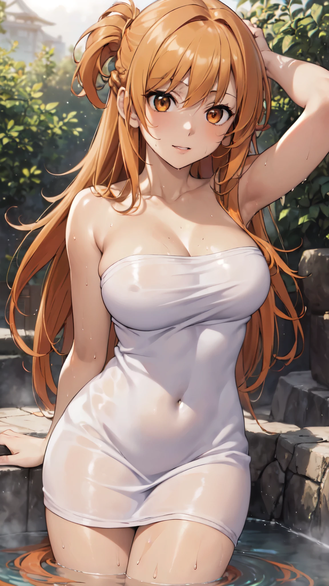 realistic, hyper detail,very precise detailed,ultra high resolution,extremely detailed CG unity 8k wallpaper,(Realistic,Photorealsitic,hyper realisitic:1.5), smile,blush,girls only, Longhair, dynamic lighting, ((bold imaginative poses)), (Glossy skin:1.5), masterpiece, highest quality, disorganized, Audience,(Wearing a bath towel:1.4), (orange hair:1.4),(crown half up hair:1.5),(orange eyes:1.4),((beautiful, fine eyes:1.3)),(wet clothes:1.4), thin, High resolution, sharp focus, Depth of the bounds written, eye for detail, clear eyes, ((Aesthetic Anime Eyes:1.4)), outdoors, sunrise sky,Open-air bath at a long-established hot spring inn,(Wearing a bath towel:1.4)