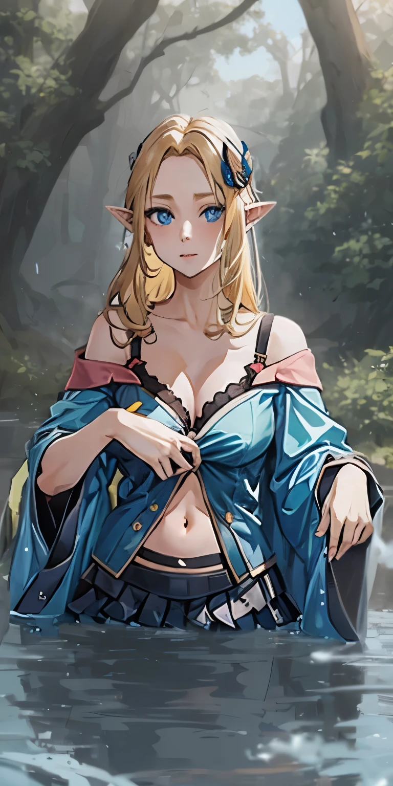 AlphaNDV, 1girl, blonde hair, blue eyes, large breasts, very long hair, elf, pointy ears, anatomically correct,, sweating, glowing eyes, heavy breathing, female focus, tree, long sleeves, off shoulder, bra, navel, layered skirt, butterfly hair ornament, large_breasts, outdoors, 1girl, looking_at_viewer, standing, nature, blurry, aqua themes, "long shot scenic professional photograph of {prompt}, perfect viewpoint, highly detailed, wide-angle lens, hyper realistic, with dramatic sky, polarizing filter, natural lighting, vivid colors, everything in sharp focus, HDR, UHD, 64K", anime coloring, anime screencap, sweating, steaming body, fog, hair ornament,