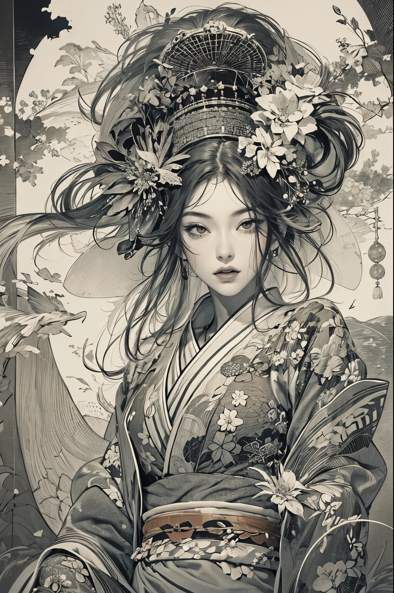 Umalinda warrior sexy, pretty face, Delicious Company, Alluring figure, Wearing a sexy open kimono. The artwork is created in a medium reminiscent of Japanese ink paintings....., 具有大胆的笔触和Monochromatic color palette. artist&#39;Masterful technique reveals the intensity and power of the image&#39;sense of presence，with the highest quality, Perfectly capture every detail with ultra-high resolution. Textures and intricate patterns on kimonos are rendered with extreme precision. Lighting is carefully designed，Enhance drama, Features deep shadows and subtle highlights. General, The artwork exudes elegance and power, Combining traditional Japanese aesthetics with a modern feel. Monochromatic color palette, Combine details, Create captivating and immersive experiences for your audience.