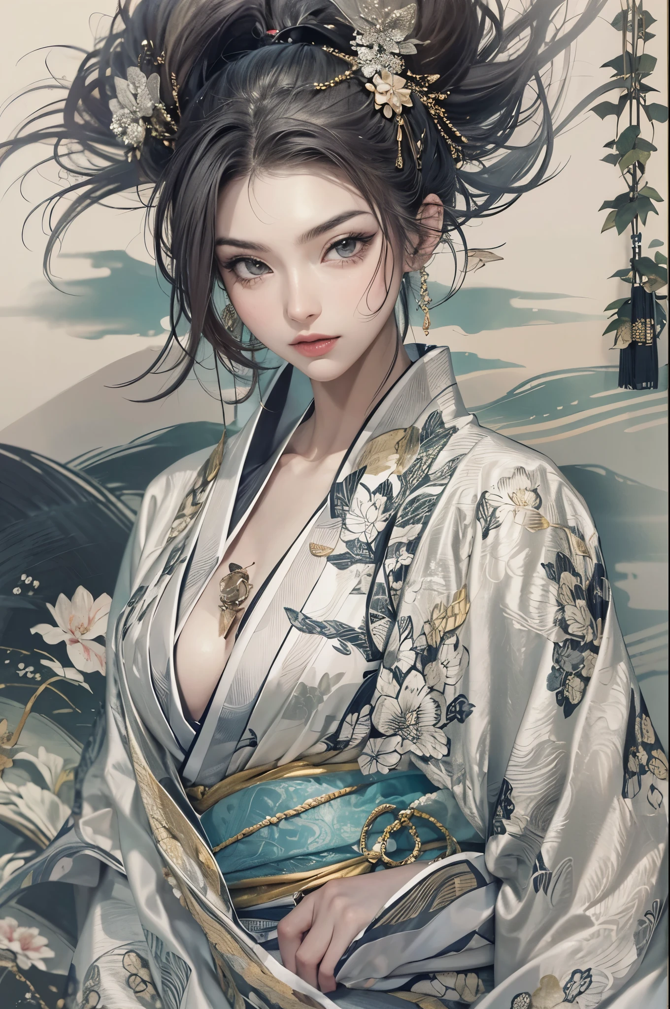 Umalinda warrior sexy, pretty face, Delicious Company, Alluring figure, Wearing a sexy open kimono. The artwork is created in a medium reminiscent of Japanese ink paintings....., 具有大胆的笔触和Monochromatic color palette. artist'Masterful technique reveals the intensity and power of the image'sense of presence,with the highest quality, Perfectly capture every detail with ultra-high resolution. Textures and intricate patterns on kimonos are rendered with extreme precision. Lighting is carefully designed,Enhance drama, Features deep shadows and subtle highlights. General, The artwork exudes elegance and power, Combining traditional Japanese aesthetics with a modern feel. Monochromatic color palette, Combine details, Create captivating and immersive experiences for your audience.