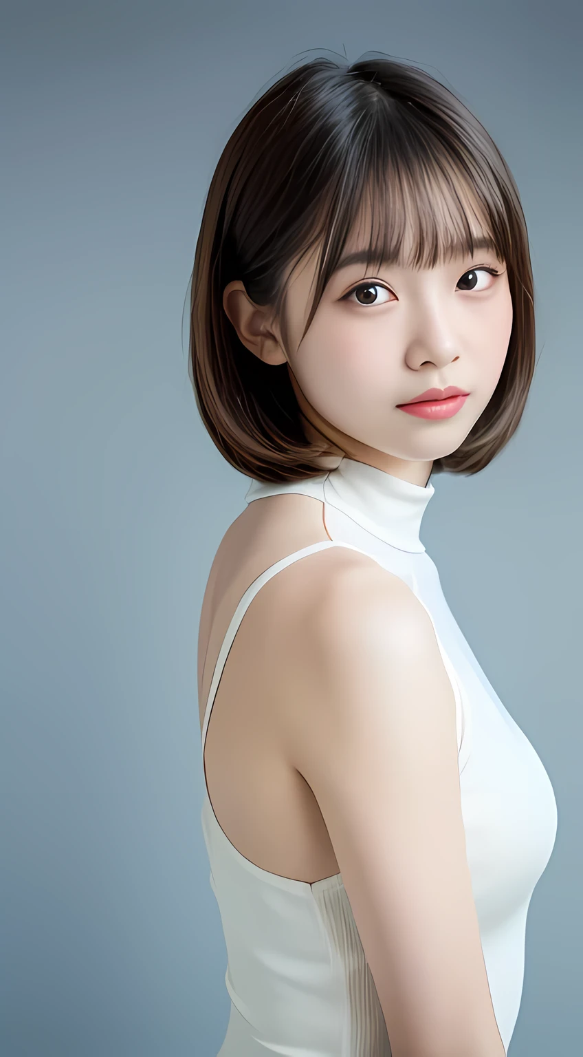 1 Japanese girl, (adorable 14 year old girl:1.2), wearing a high neck leotard, leotard too close to the skin, Erotic cute little face, She is wearing a leotard made of too thin material., (half-crying face), short-haired with bangs, (high color saturation:1.2), highest quality, ultra high resolution, realistic, Super detailed, 8k, RAW photo, (slender body shape:1.2)