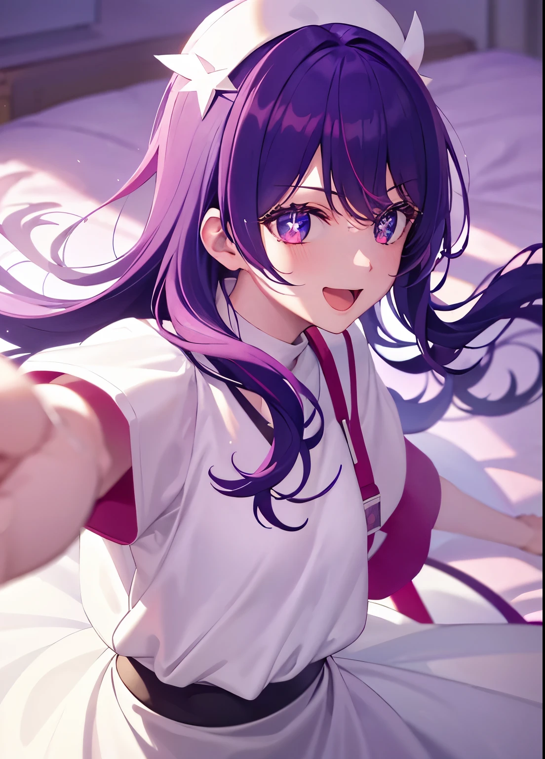one-girl,nurses((There is a five-pointed star in the eye))Gorgeous Hair in Long Purple,Smile,Open mouth ,nurses,hospitals,White nurse clothes,White nurse hat,looki at viewer,Blood