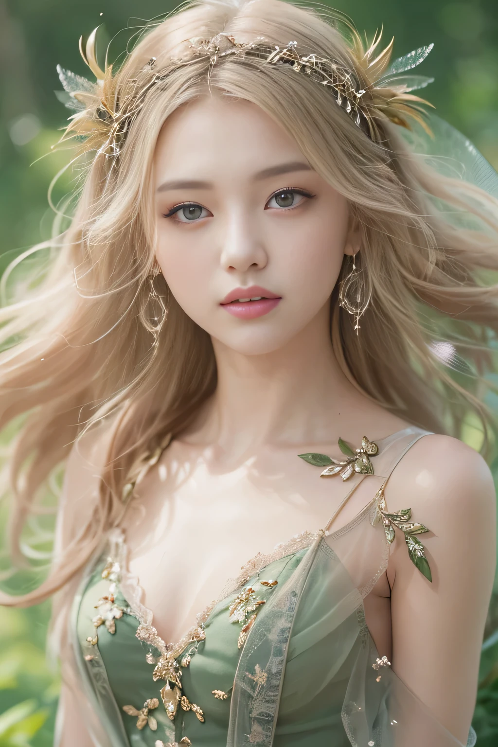 best quality、high resolution、super detailed、masterpiece、(Live shooting:1.5)、real:1.5、photorealistic:1.5、Very delicate and beautiful、fine details、(European:1.4)、(spread your legs:1.1)、Elegant beautiful fairy portrait、She gets along with nature、Have fairy-like beauty、Clear and translucent skin、emerald green eyes、(Delicate soft blonde hair)、Light, Feather hair accessories and accessories、Elegant fairy-like clothing、Blend into the natural background