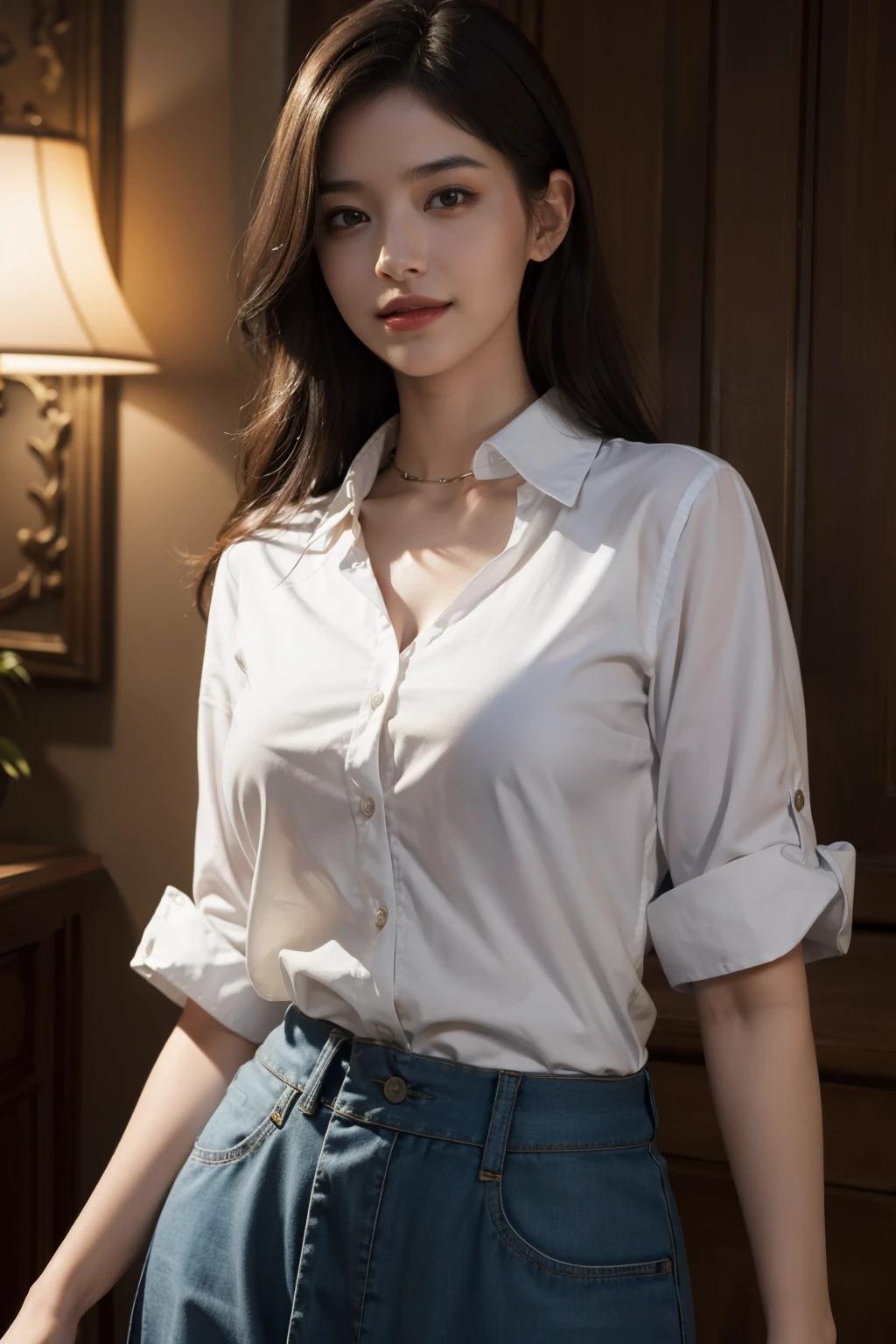 best quality, masterpiece, (photorealistic:1.4), 1girl, light smile, shirt with collars, waist up, dramatic lighting, from below