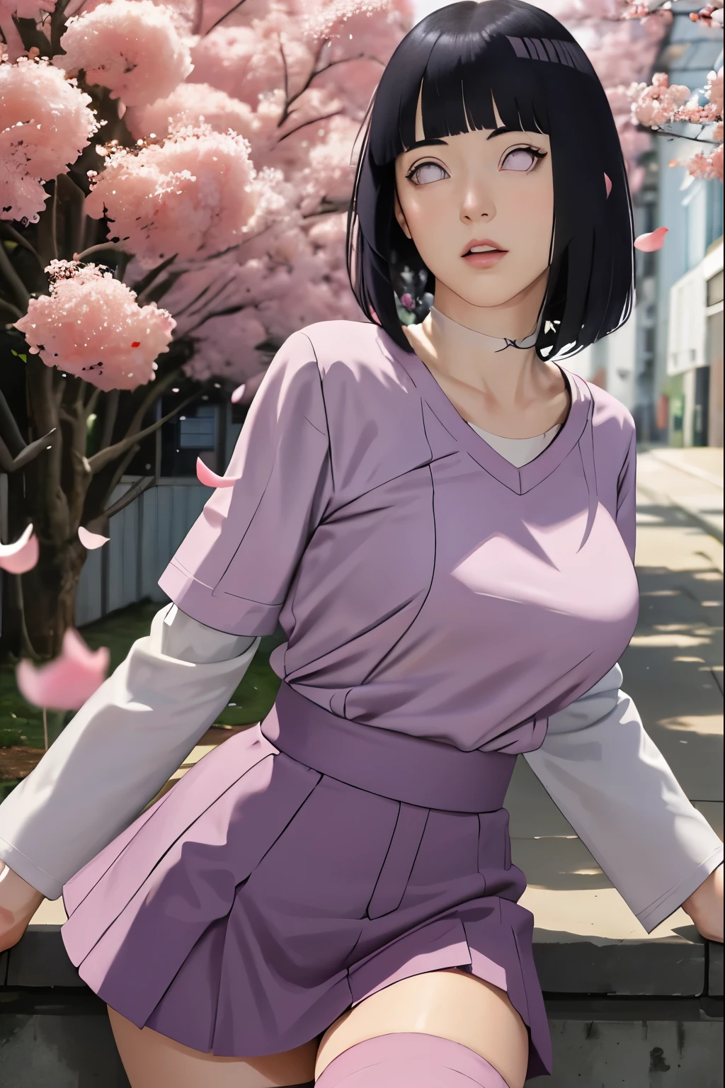 masterpiece, absurdres, hinata\(boruto\), 1girl, solo,mature female, tshirt long sleeve vneck, high waist short skirt, looking at viewer, (falling petals), perfect composition, detailed lips, big breast, beautiful face, body propotion, blush, (pink lips), long hair, purple eyes, soft gaze, super realistic, detailed, photoshoot, realistic face and body, thighhighs