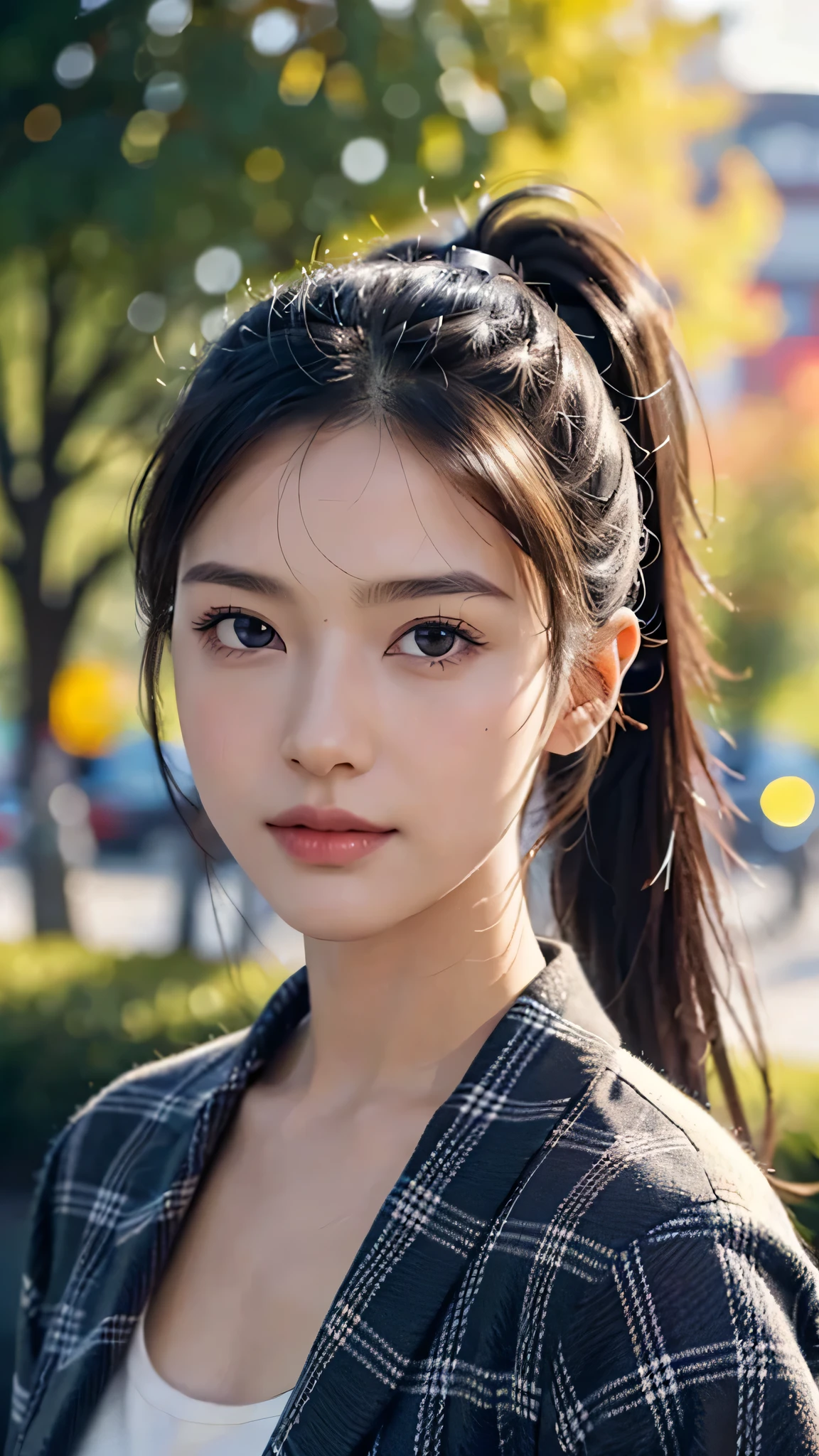 One woman,fully body photo,masutepiece, The highest image quality, High quality, the background is clear,Beautiful woman, Japanese, Detailed, Detailed eyes, Detailed skin, Beautiful skin, 超hight resolution, (reality: 1.4),Very beautiful woman, Slightly younger face, Beautiful skin, slender, (Ultra photo realsisim), (hight resolution), (8K), (Very detailed) (beautifully detailed eyes), (super detailed), (Detailed face), view the viewer, Fine details, Detailed face, Staring straight ahead, Staring straight ahead, photos realistic, Bright lighting, Professional Lighting, Black hair,poneyTail,a baby face,sixteen years old,Hairstyle is ponytail,long ponytail hairstyle,slight smile,neat and tidy clothing,European Streets,Autumn Clothing,Plaid Clothing,