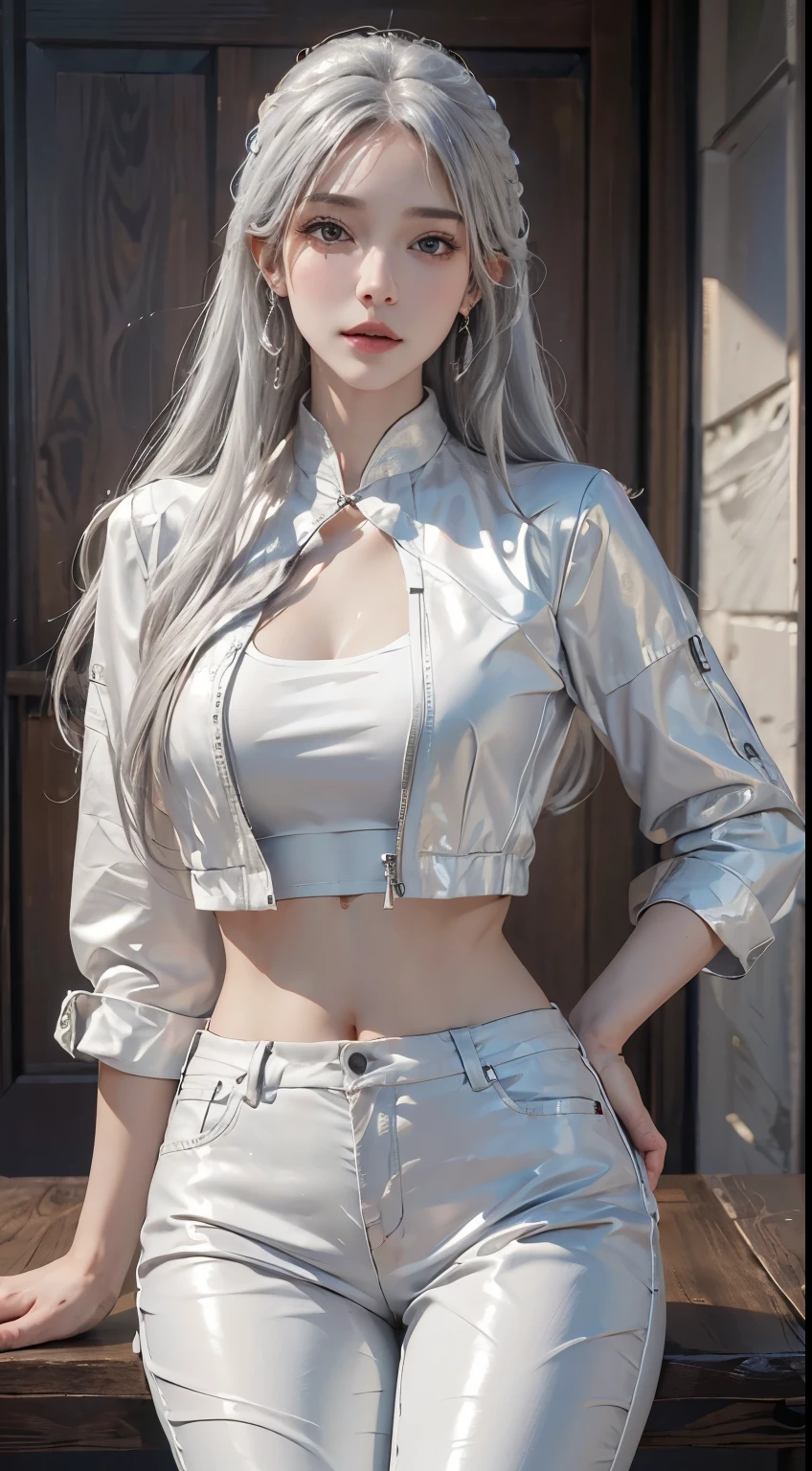 ((table top, highest quality, 8k, masterpiece, realistic:1.4, 超A high resolution:1.2, realistic, realistic)),alone, 1 female, view viewer, (detailed face), silver hair, medium long hair, halter neck、white leather pants、white leather jacket, silver earrings