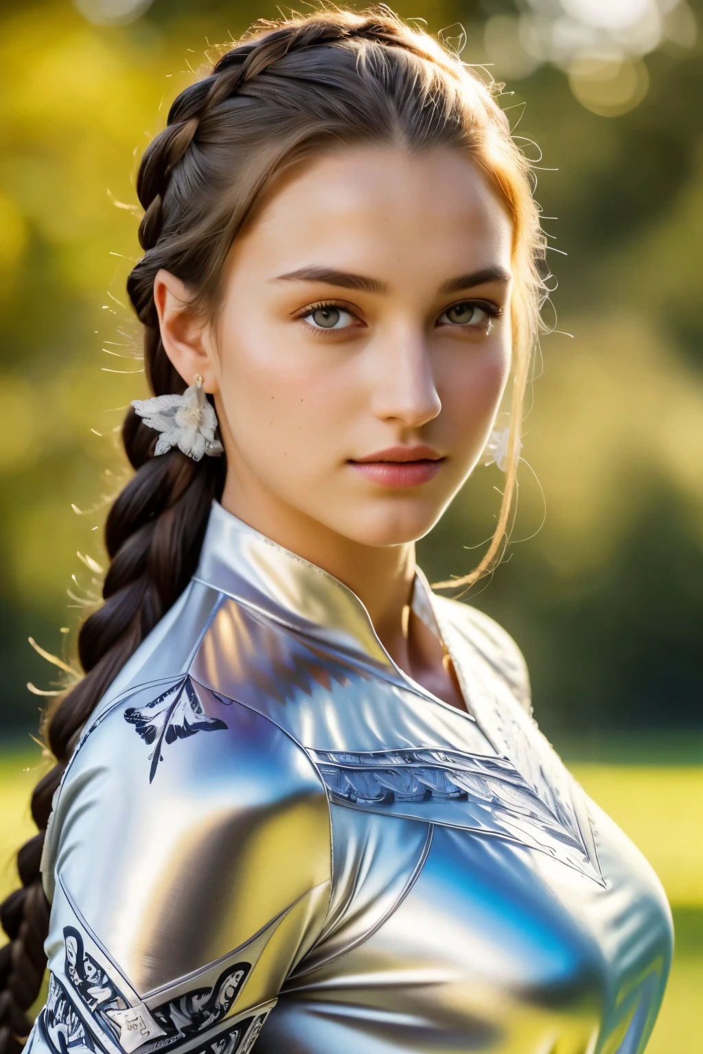tmasterpiece,best qualtiy,hyper HD, 8K,Bokeh,Ultra-fine painting,Sharp focus,Physically-based rendering,Extreme detail description,1 female paladin,Raised sexy,ride horse,sabre,Light silver armor,(Richly decorated armor:1.5),(The print pattern is delicate and beautiful:1.5),red brown hair,Long, Thick braids,detailed eyes,Straight nose,perfect bodies,(Battlefield fighting:1.5),