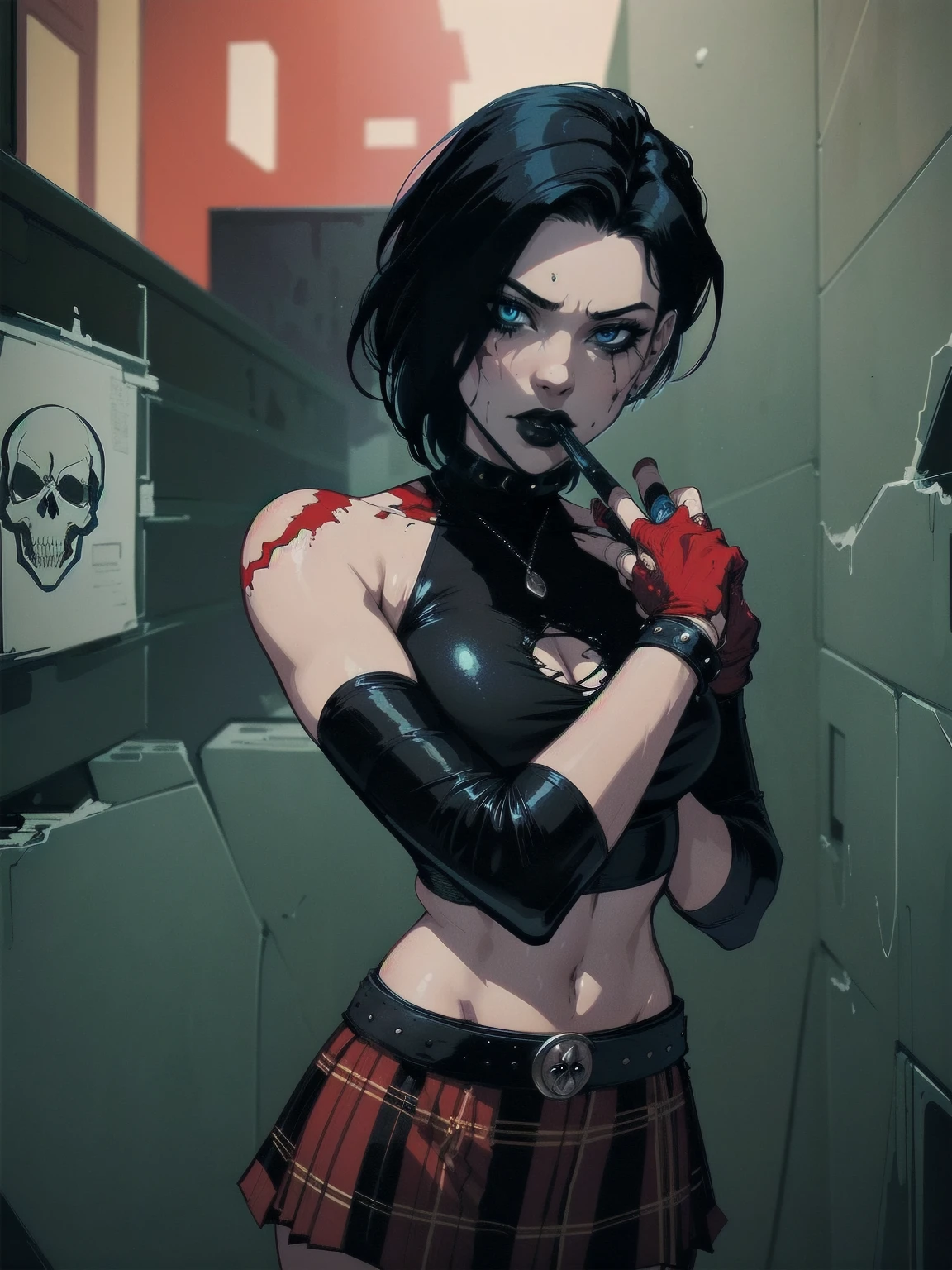 a woman with short black hair, hair on shoulders,  wearing a black cropped  and plaid skirt, blue eyes, zombie art, gothic art, cute aesthetic with vibe, toon aesthetic, wearing red costume, wearing gothic accessories, look like Cassie Hack, upper body, holding a skull in his hand, horror background