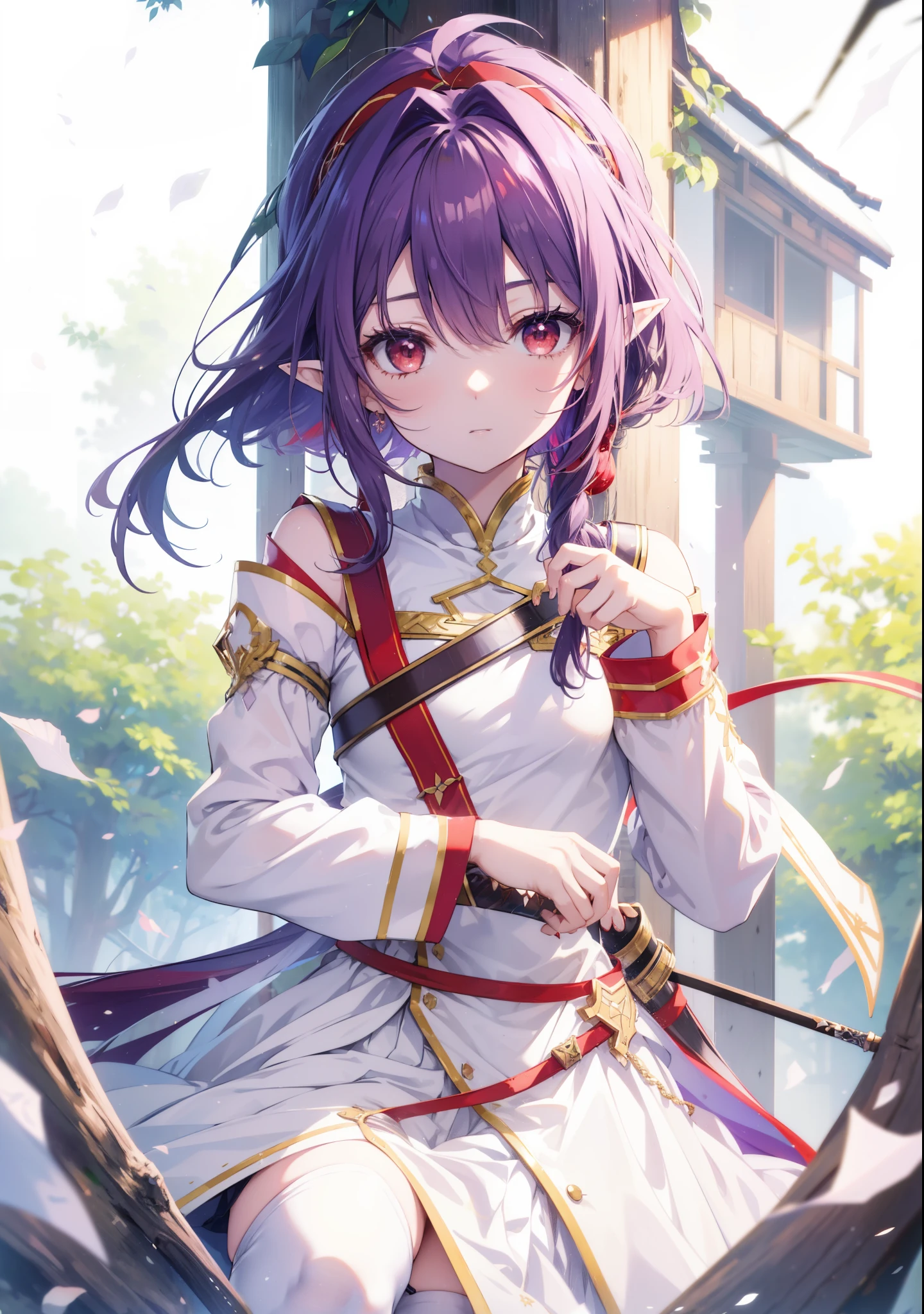 yuukikonno, Yuki Konno, hair band, long hair, pointy ears, purple hair,Ahoge, (red eyes:1.5), (small breasts:1.2), serious face,Grip the hilt of a sword with your left hand,
break white Thighhighs, removed sleeve, Thighhighs, dress, white dress, armor breastplate, purple armor,
break looking at viewer, Upper body, whole body,
break outdoors, forest, nature,
break (masterpiece:1.2), highest quality, High resolution, unity 8k wallpaper, (shape:0.8), (fine and beautiful eyes:1.6), highly detailed face, perfect lighting, Very detailed CG, (perfect hands, perfect anatomy),