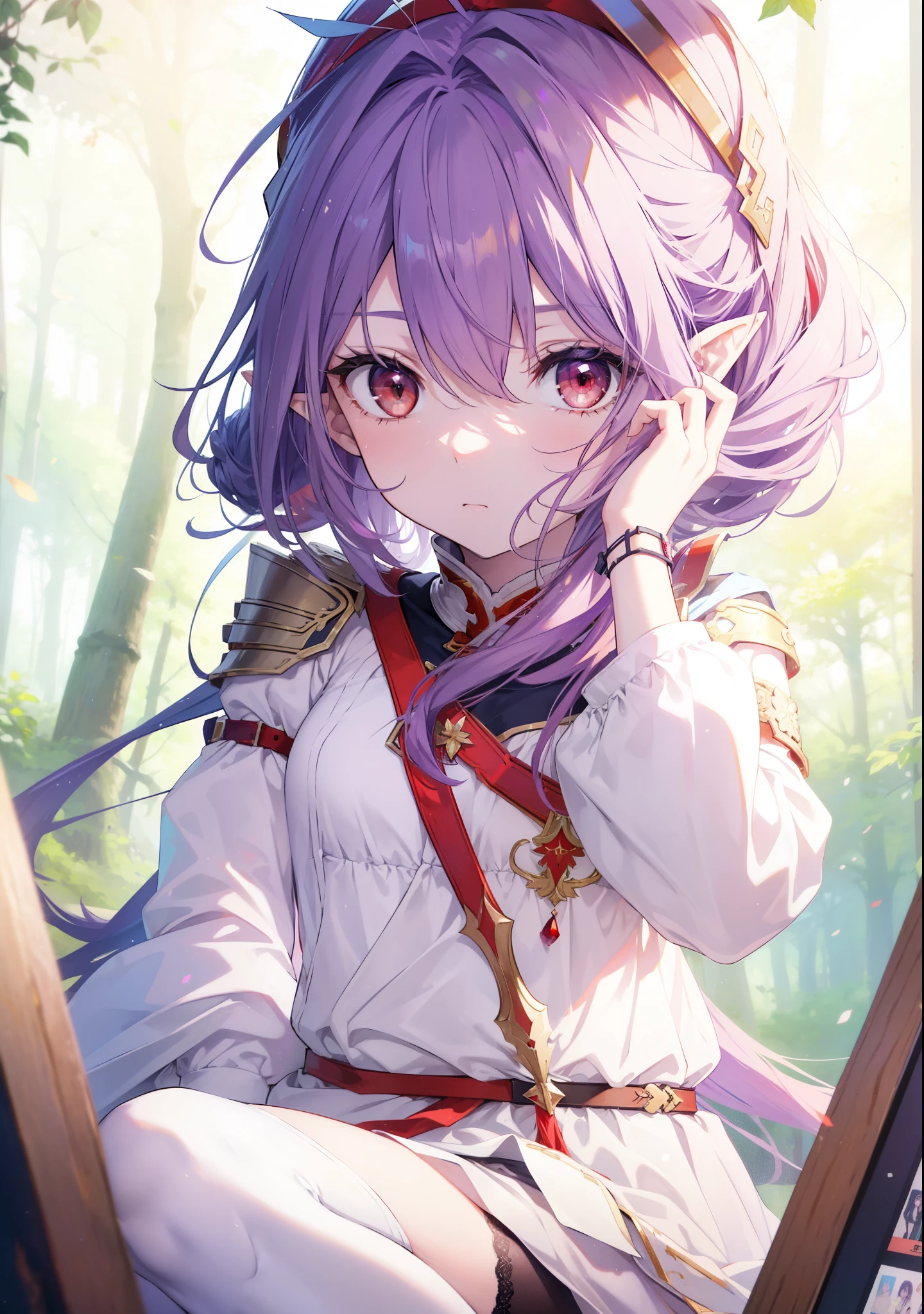 yuukikonno, Yuki Konno, hair band, long hair, pointy ears, purple hair,Ahoge, (red eyes:1.5), (small breasts:1.2), serious face,Grip the hilt of a sword with your left hand,
break white Thighhighs, removed sleeve, Thighhighs, dress, white dress, armor　breastplate, purple armor,
break looking at viewer, Upper body, whole body,
break outdoors, forest, nature,
break (masterpiece:1.2), highest quality, High resolution, unity 8k wallpaper, (shape:0.8), (fine and beautiful eyes:1.6), highly detailed face, perfect lighting, Very detailed CG, (perfect hands, perfect anatomy),