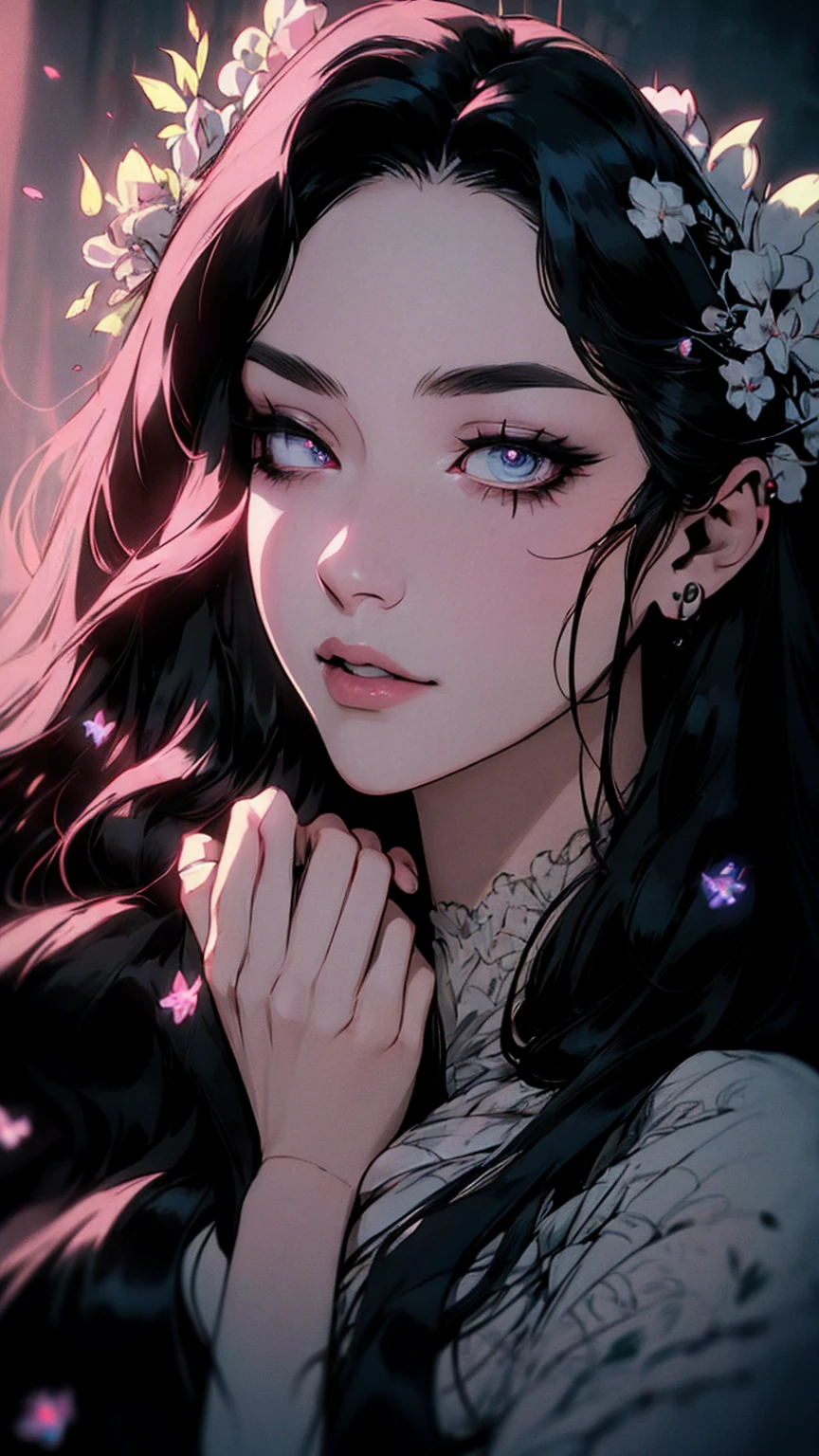 hyper-realistic  of a mysterious woman with flowing black hair, piercing opal eyes, and a delicate floral crown, delicate smile,  upper body