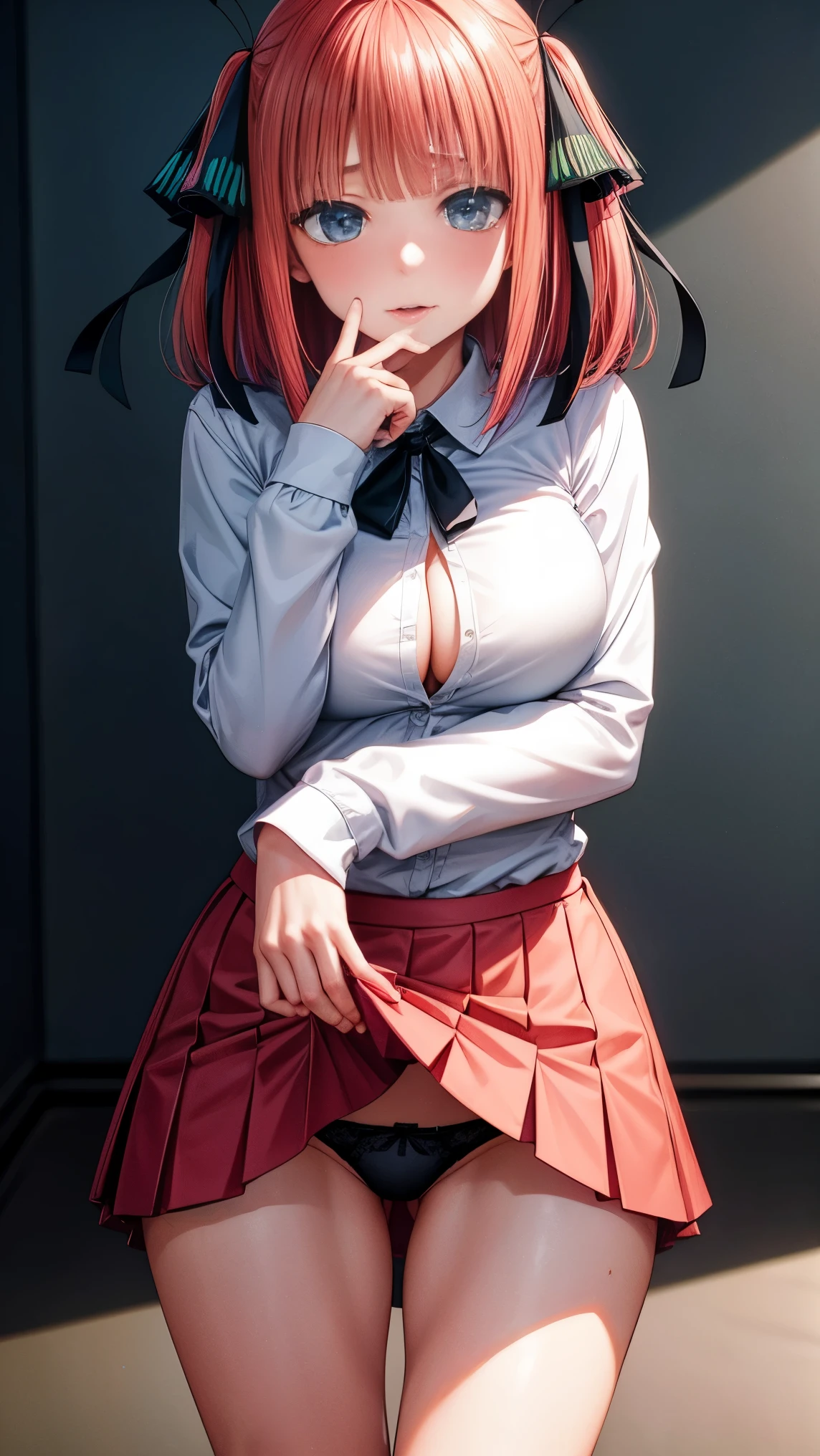 highest quality、one girl、、full body figure,big boobs、big 、perfect five fingered hand、Nino Nakano、shy face、perfect thing、big breasts、perfect arms、perfect legs、detailed description、small details、detailed face、white skin、plump leg-shaped spread legs、black lace panties、I can see your panties、Skirt flip、lift skirt、nino nakano, short hair, bangs, blue eyes, hair ornament, hair ribbon, pink hair, blunt bangs, two side up, butterfly hair ornament,skirt, shirt, long sleeves, white shirt, pleated skirt, open clothes, collared shirt, sleeves past wrists, dress shirt, green skirt, open shirt,white thighs socks、erotic pose、black underwear、black bra
