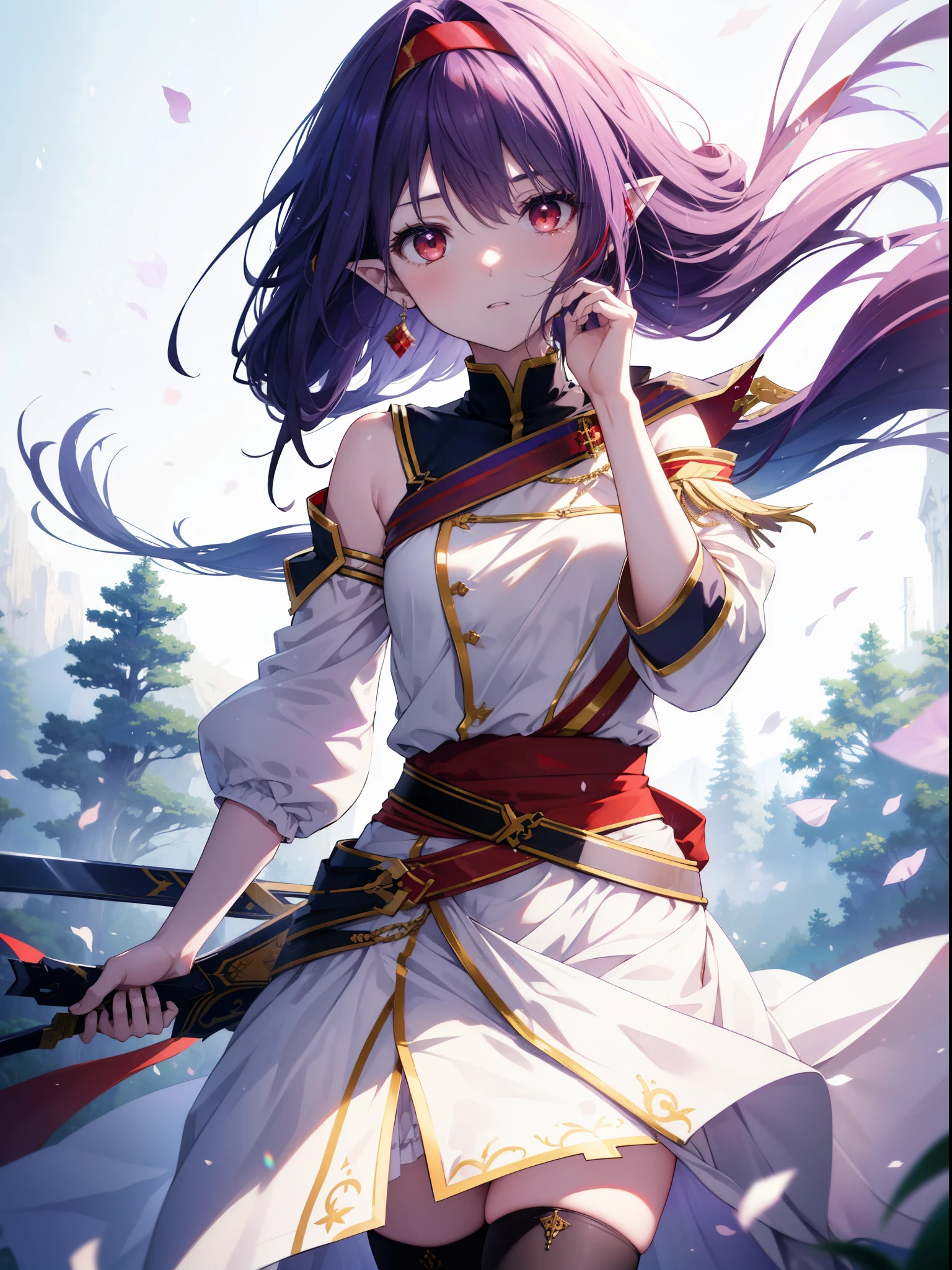 yuukikonno, Yuki Konno, hair band, long hair, pointy ears, purple hair,Ahoge, (red eyes:1.5), (small breasts:1.2), serious face,Grip the hilt of a sword with your left hand,
break white Thighhighs, removed sleeve, Thighhighs, dress, white dress, armor breastplate, purple armor,
break looking at viewer, Upper body, whole body,
break outdoors, forest, nature,
break (masterpiece:1.2), highest quality, High resolution, unity 8k wallpaper, (shape:0.8), (fine and beautiful eyes:1.6), highly detailed face, perfect lighting, Very detailed CG, (perfect hands, perfect anatomy),