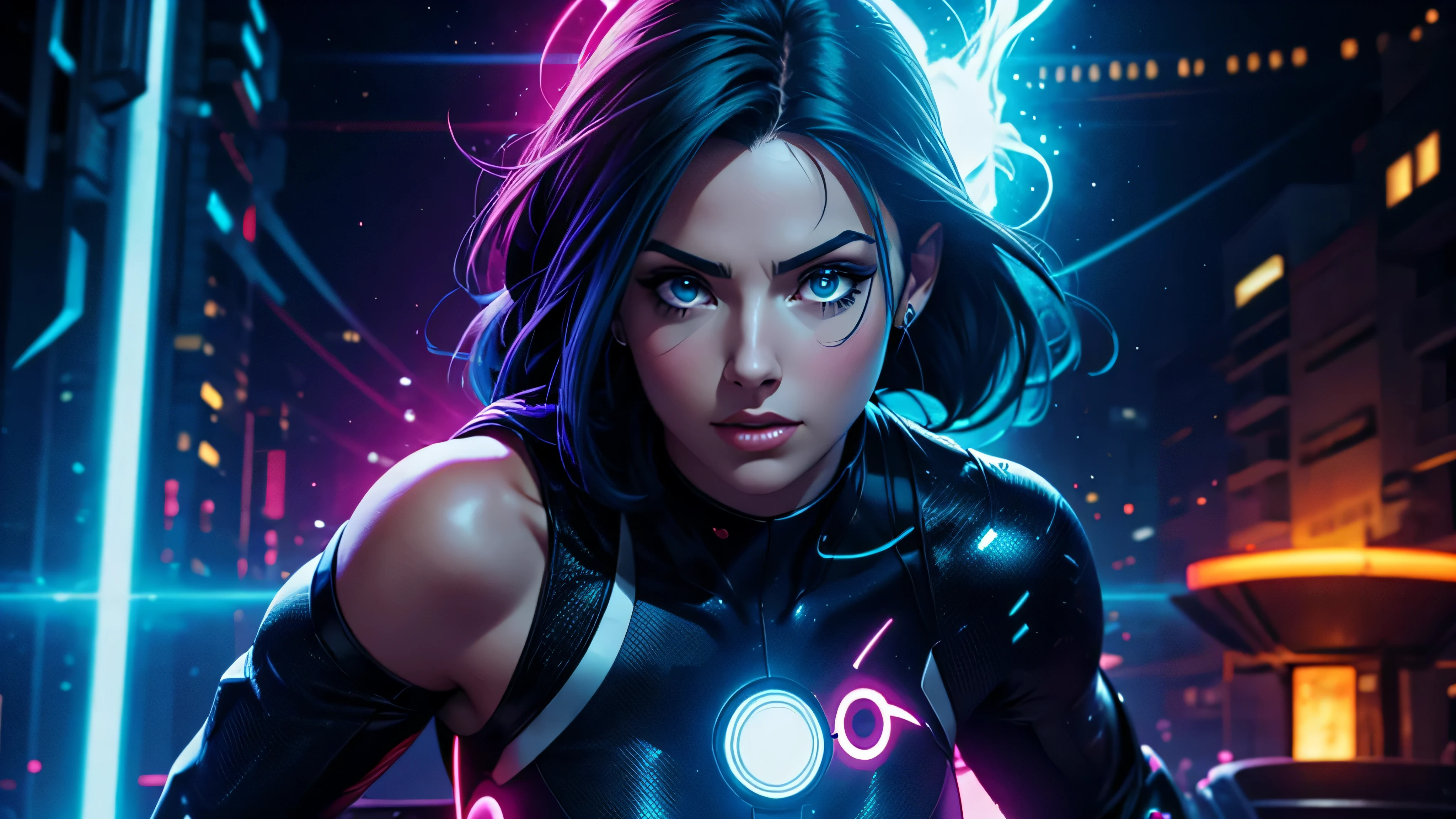ultra detalhado, 4k, 1 garota de anime, mostrando corpo inteiro, seios grandes, personagem linda, Neon, fundo azul, fogo azul, luzes