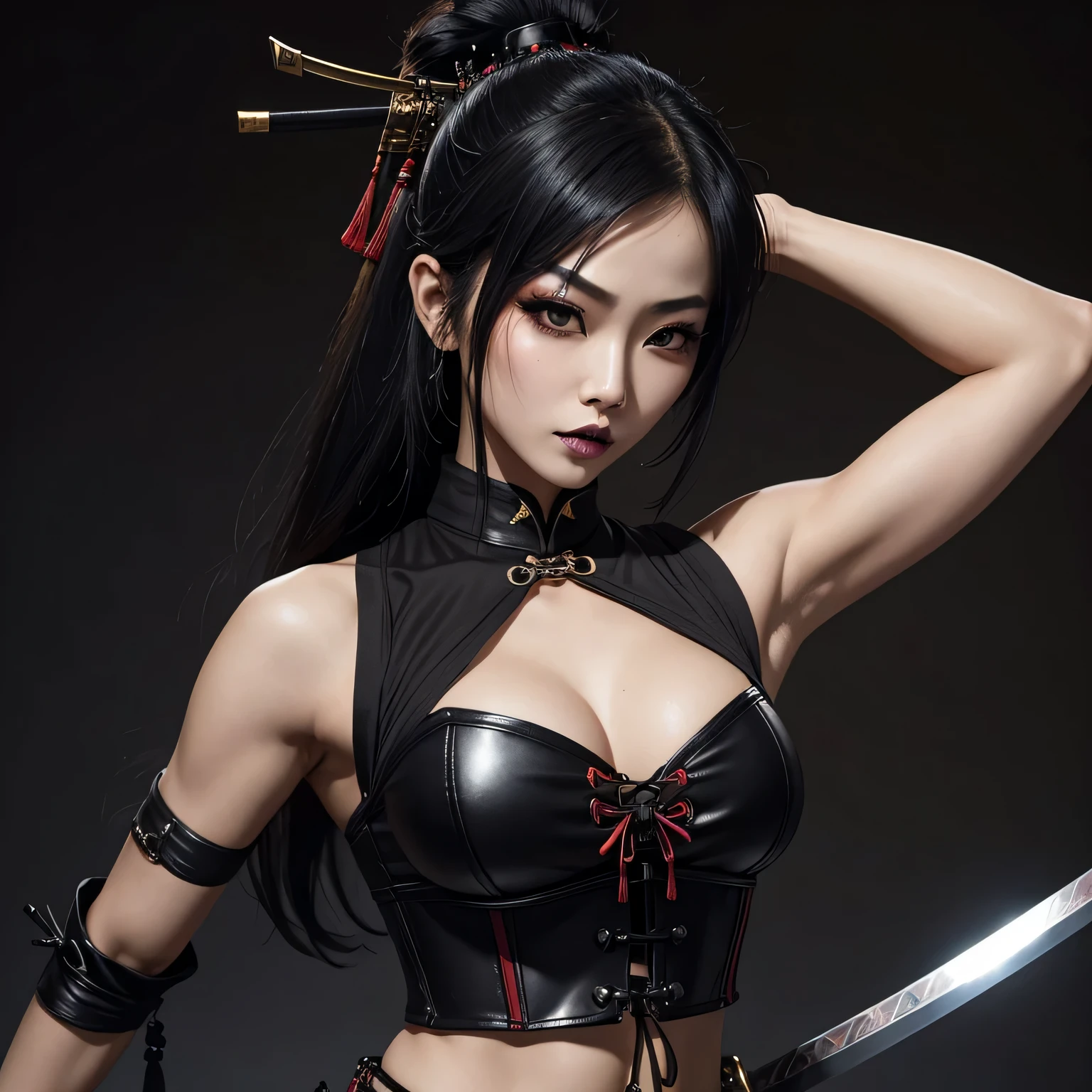 1 girl, sexy, beautiful samurai, katana, samurai, muscular abs, navel, fantasy, sensual, cropped corset goth top, goth chinese girl, sexy, deep navel, goth makeup, armpit, action pose