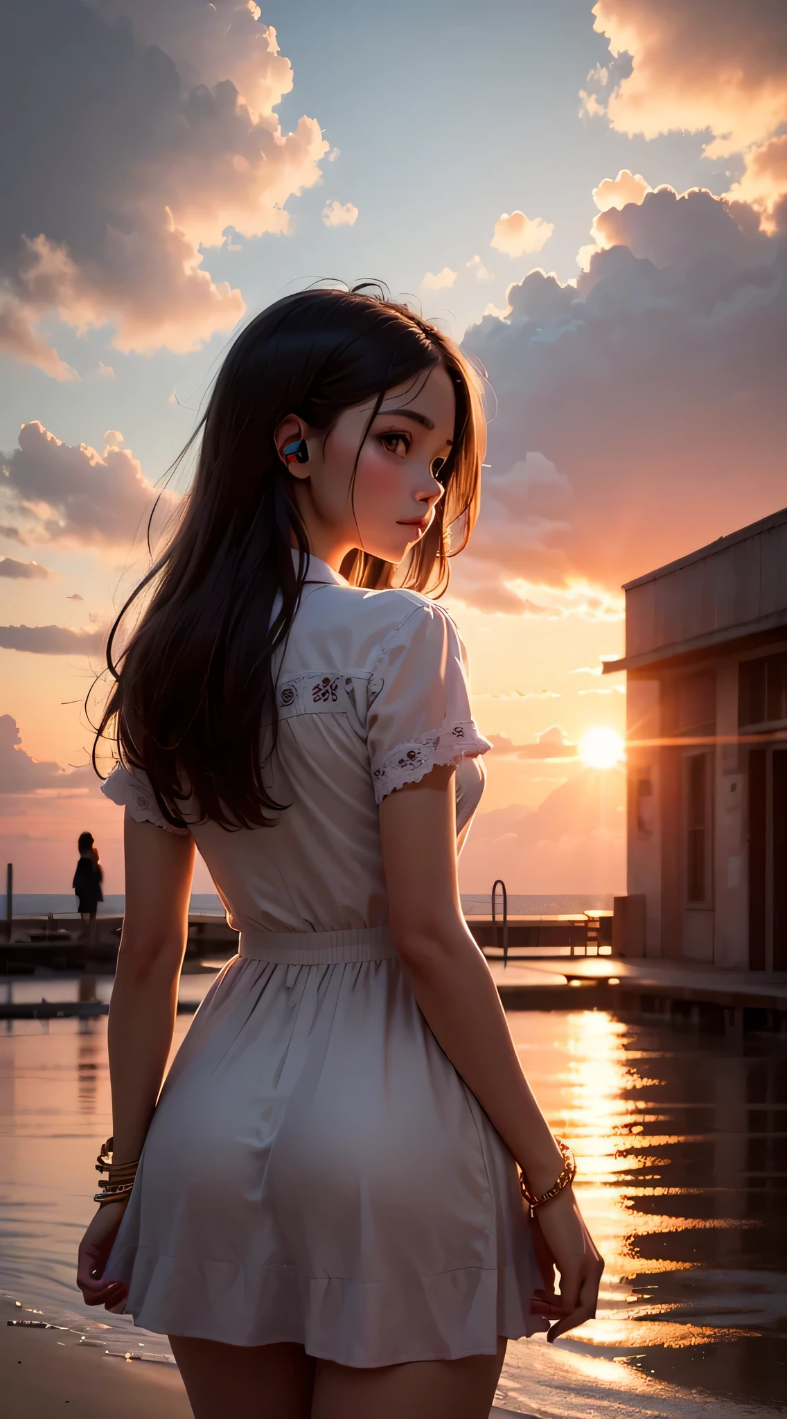 With small white headphones