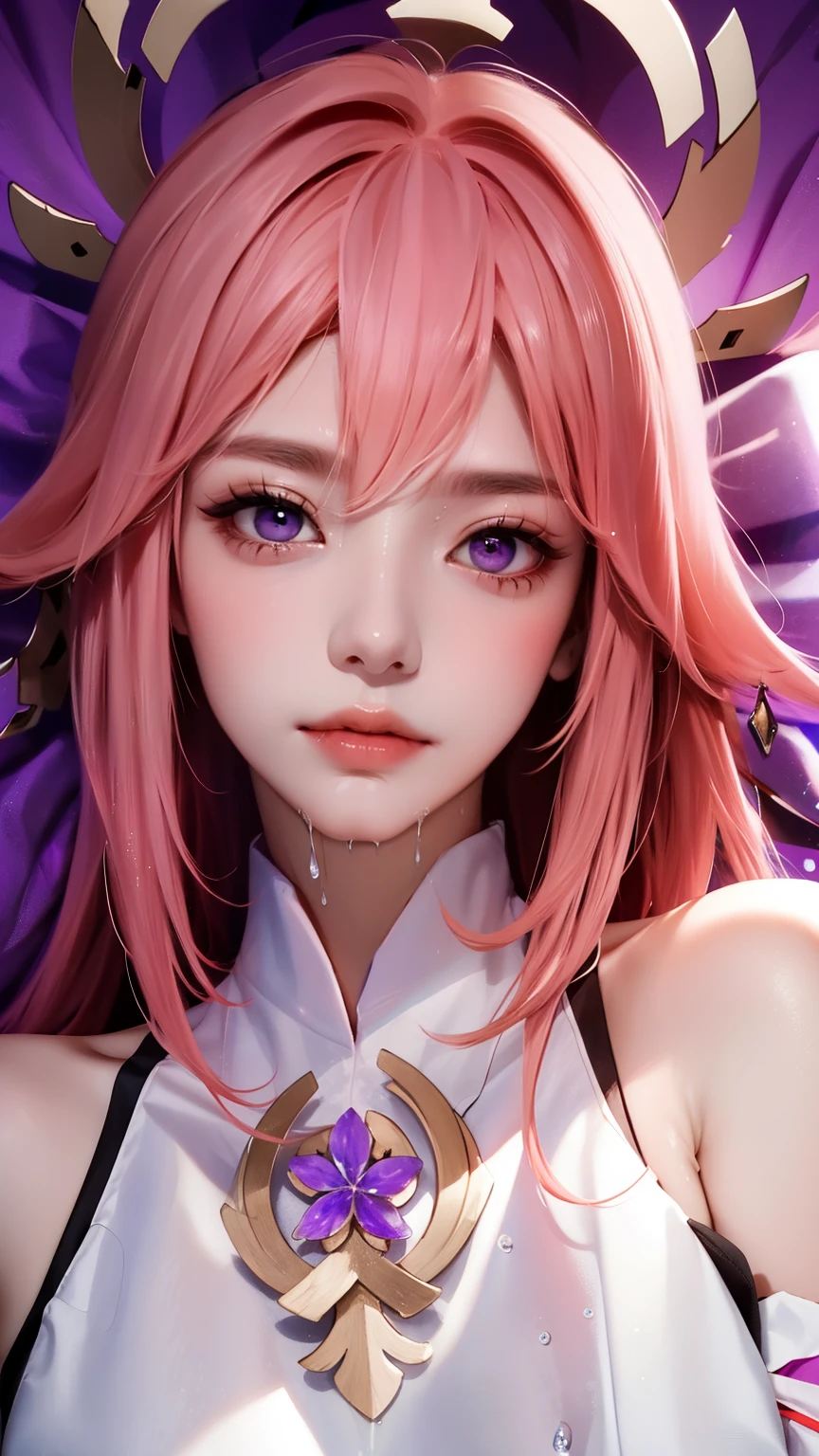 16K, Ultra High Definition, Super detailed, Shiny detailed hair, detailed face, fantasy landscape, solo, looking at viewer, {{best quality}}, {{masterpiece}}, {{ultra-detailed}}, {detailed light}, ultra high quality eyes, detailed eyes, perfect eyes, large eyes, detailed purple eyes, beautiful lips, pink hair, long hair, hair ornament, droopy pink fox ears, earrings, beautiful, skinny body, white skin, slutty, erotic, suggestive, (nsfw))