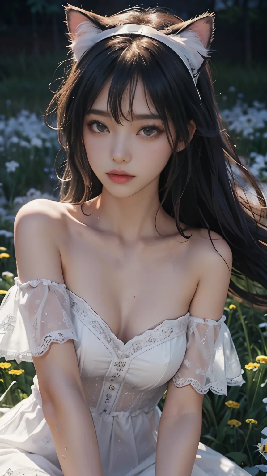 hair bang, cat ears headband, skin pores, shining skin, deep-v neck off shoulder dress, weiss, in flower field, lovely, beautiful, chest shoot focus, wet, dark theme, K-pop style