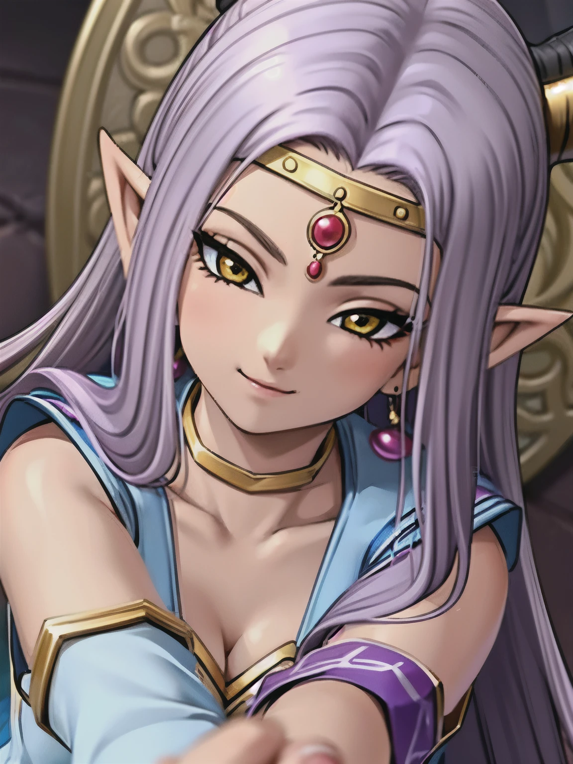 1girl, large breasts, DQ10 estella, (long hair, purple hair, yellow eyes, pointy ears, horns, circlet, earrings, choker), pajamas, sit, happy, smile, (hugging a stuffed toy), heart background, masterpiece, high quality, best quality, beautiful, hd, perfect lighting, detailed face, detailed body, masterpiece, best quality, intricate details, 8k uhd, perfect face, perfect eyes