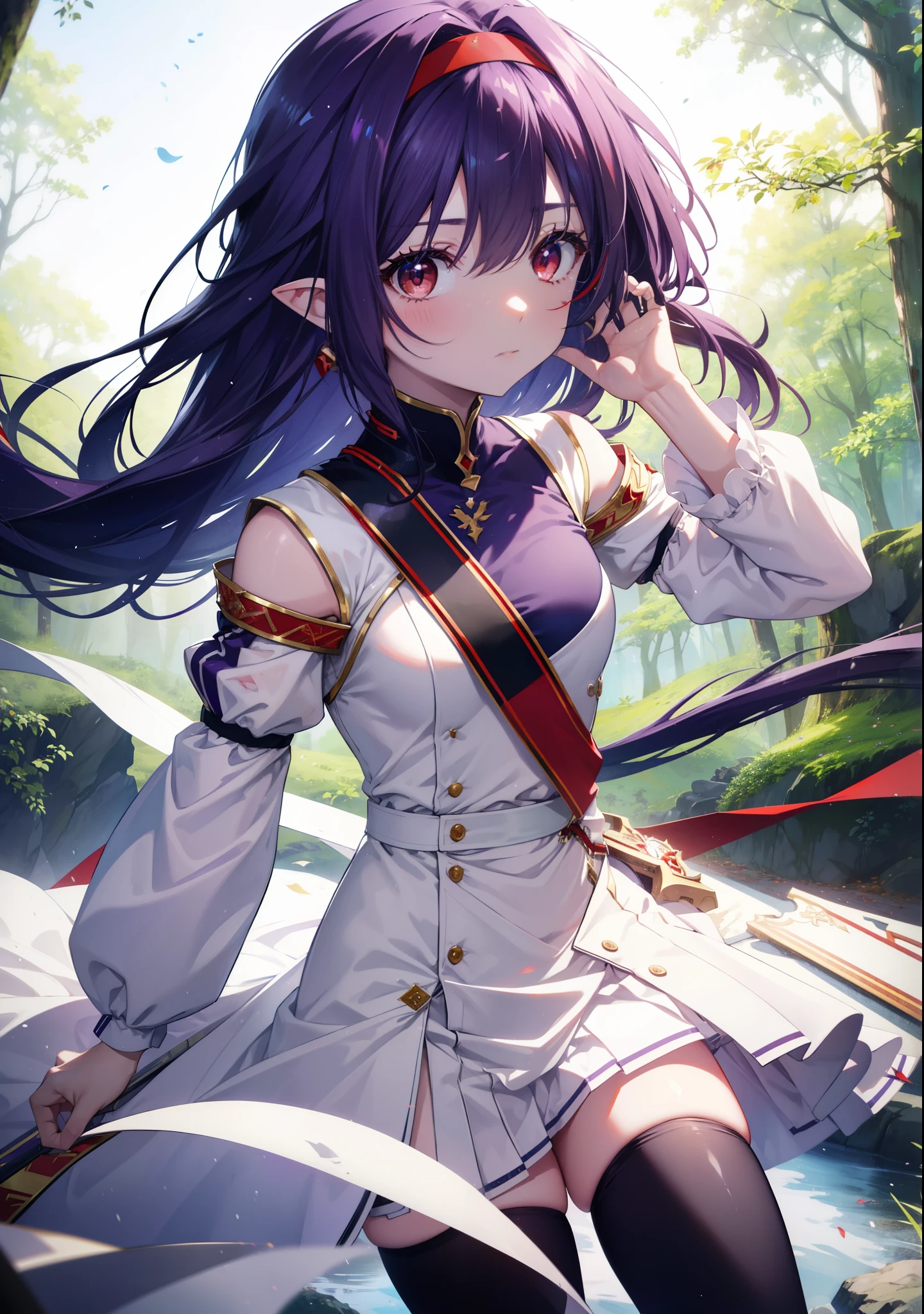 masterpiece, best quality, highres,
MiyuDef, 1girl, solo, orange eyes, brown eyes, black hair, long hair, hairclip, bangs, hair ornament, twintails, low twintails, sidelocks, small breasts, x hair ornament, feather hair ornament,
breasts, thighhighs, bare shoulders, boots, detached sleeves, cape, leotard,covered navel, thigh strap, magical girl, feathers, purple thighhighs, white cape, purple leotard, purple sleeves, miyu edelfelt, medea \(fate\),
sitting, cowboy shot, looking at viewer, spread legs, spread pussy, arms behind back, outdoors, forest, field, sky, blue sky, sunlight, grass, forest, <lora:LoRA_Miyu:1>