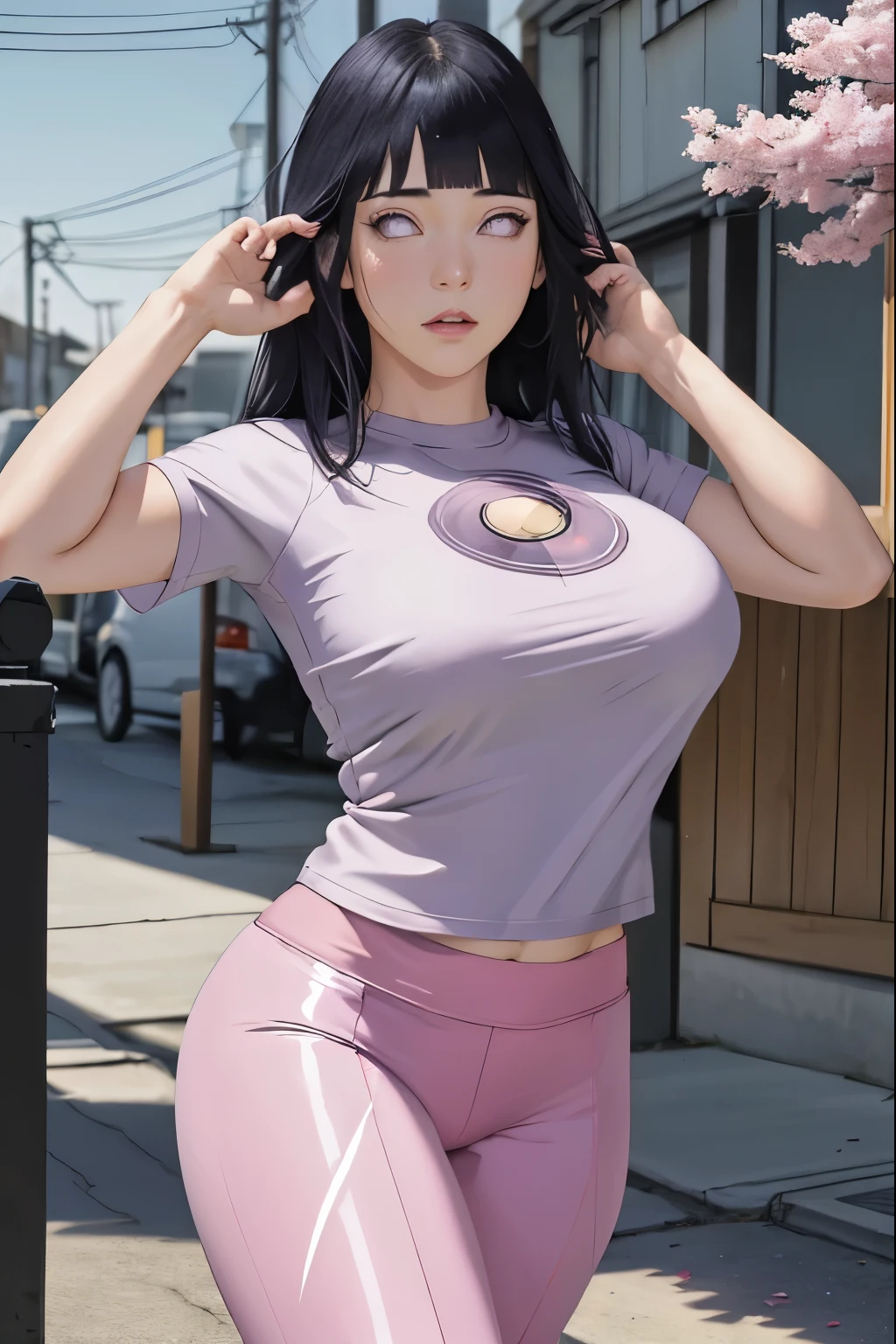 masterpiece, absurdres, hinata\(boruto\), 1girl, solo,mature female, tight t-shirt, legging, yoga pants, looking at viewer, (falling petals), perfect composition, detailed lips, big breast, beautiful face, body propotion, blush, (pink lips), long hair,  purple eyes,  soft gaze,  super realistic, detailed, photoshoot, realistic face and body,