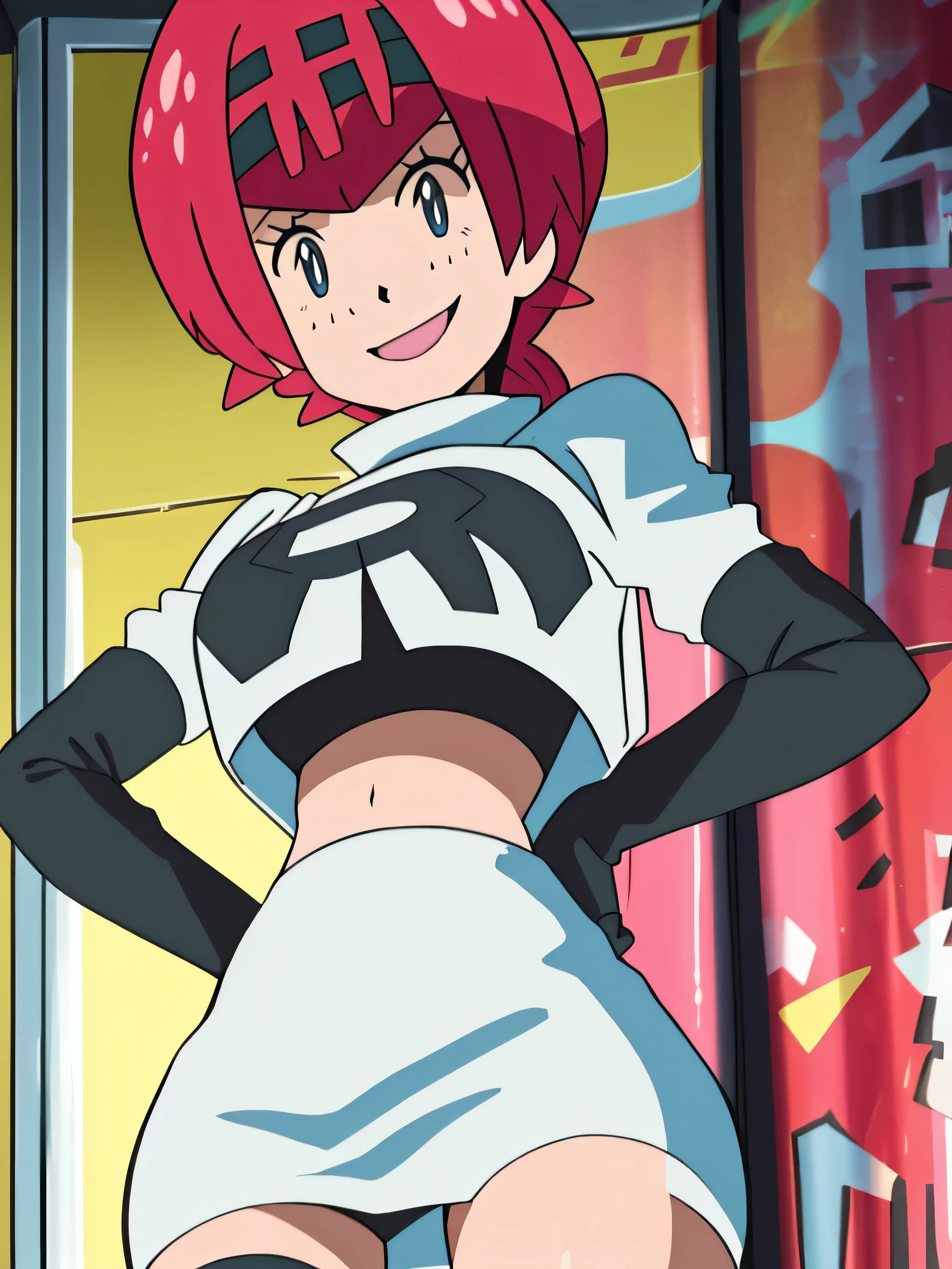 8k,1girl in, (solo:1.1), (perfect body:1.1), (best quality:1.1), very large breast, team rocket uniform, red letter r, white skirt,white crop top,black thigh-high boots, black elbow gloves, smiling, looking down at viewer, hands on hips,zettai ryouiki,cowboy shot, lana