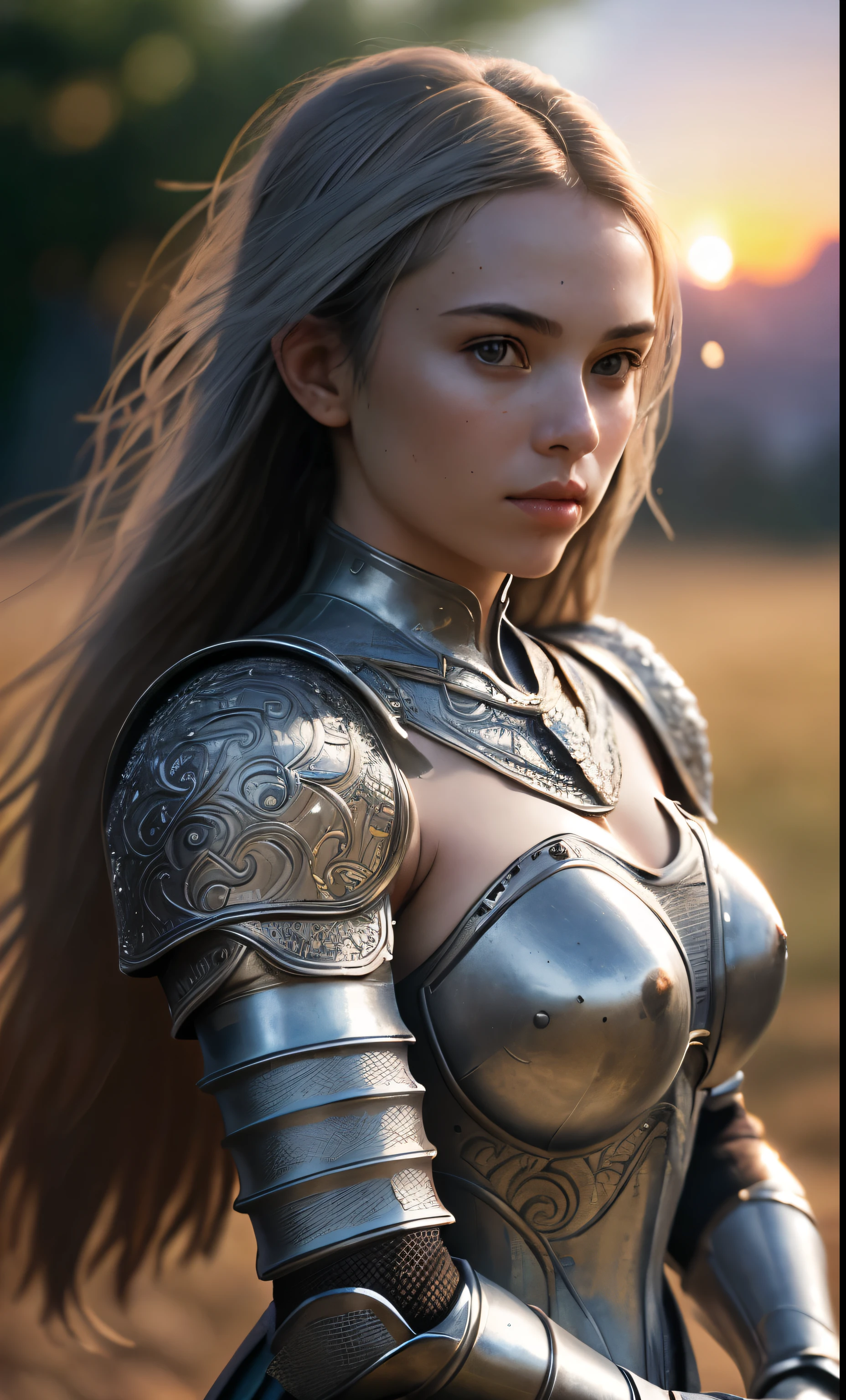 (masterpiece), (extremely intricate:1.3), (realistic), portrait of a girl, the most beautiful in the world, (medieval armor), metal reflections, upper body, outdoors, intense sunlight, far away castle, professional photograph of a stunning woman detailed, sharp focus, dramatic, award winning, cinematic lighting, octane render  unreal engine,  volumetrics dtx, (film grain, blurry background, blurry foreground, bokeh, depth of field, sunset, motion blur:1.3), chainmail